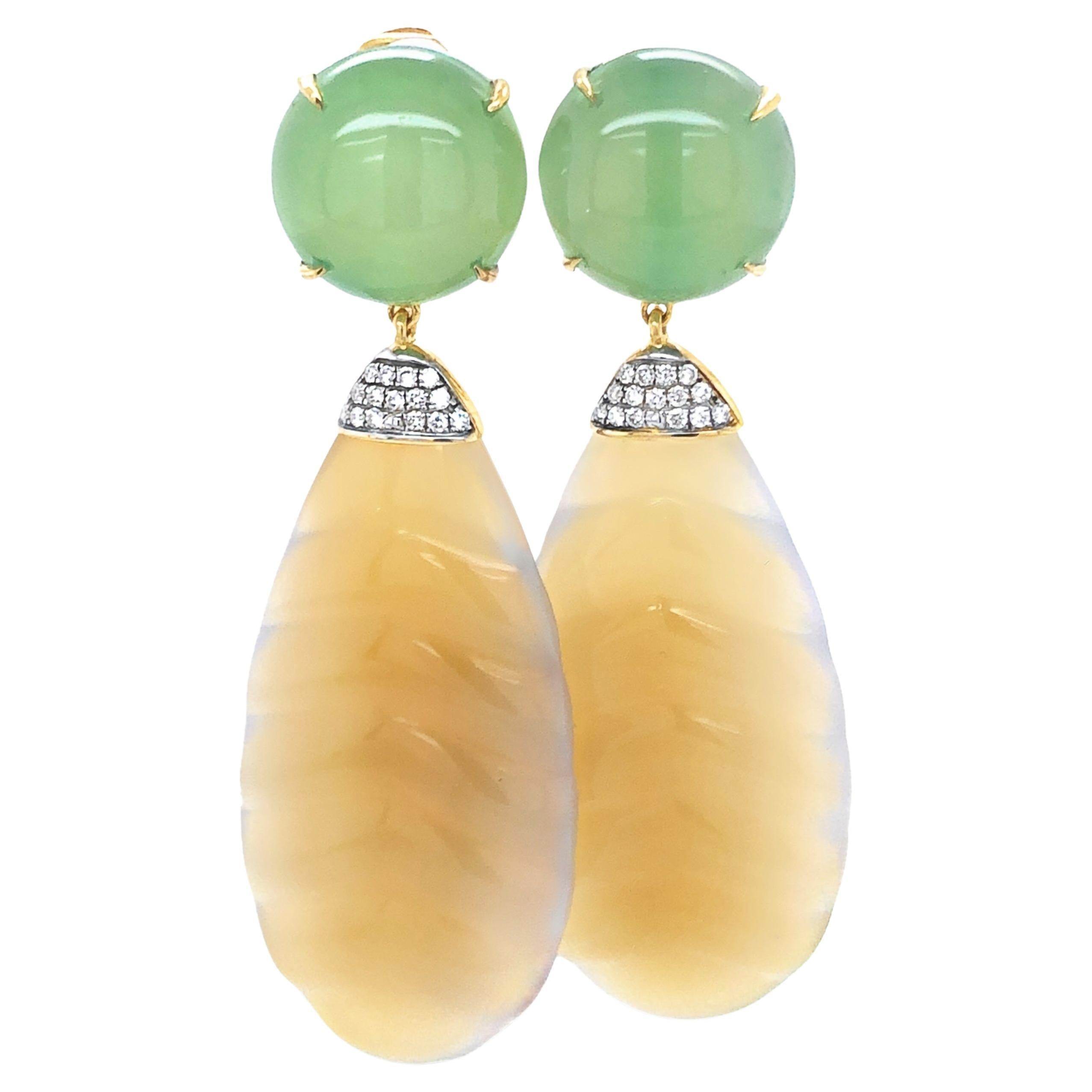 18KYG Green Agate, Carved Yellow Agate and Diamond Earrings For Sale
