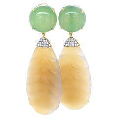 18KYG Green Agate, Carved Yellow Agate and Diamond Earrings
