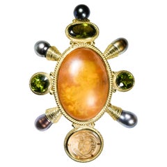 18KYG Kanaris Black South Sea Pearls, Green Gripoix, Cameo and Intaglio Brooch