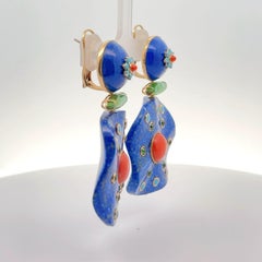 18KYG Lapis Coral and Gemstones Dangle Earrings