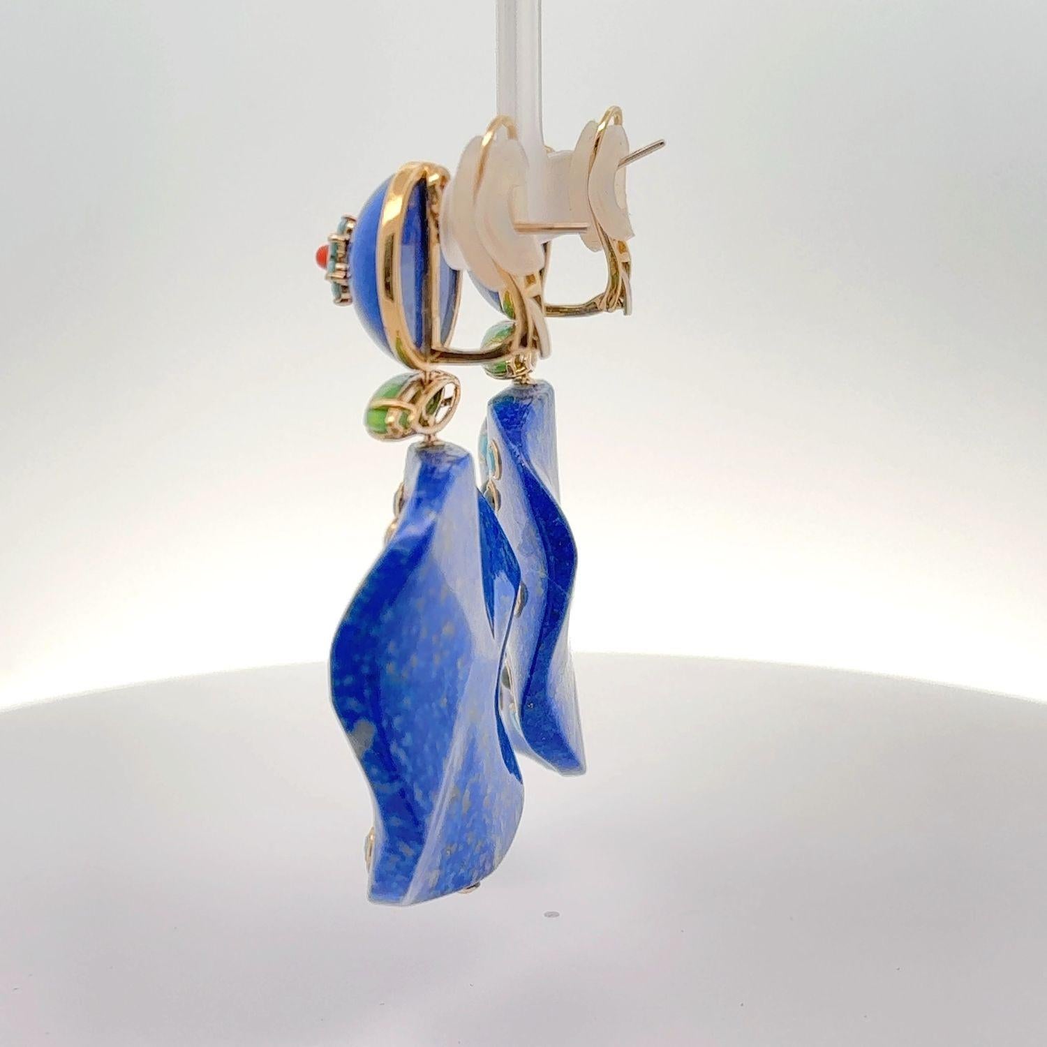 Mixed Cut 18KYG Lapis Coral and Gemstones Dangle Earrings For Sale