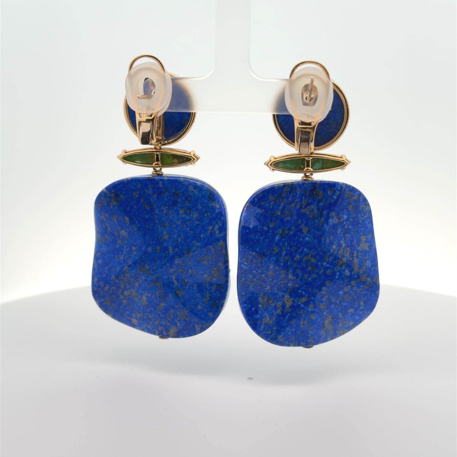 18KYG Lapis Coral and Gemstones Dangle Earrings In New Condition For Sale In New York, NY