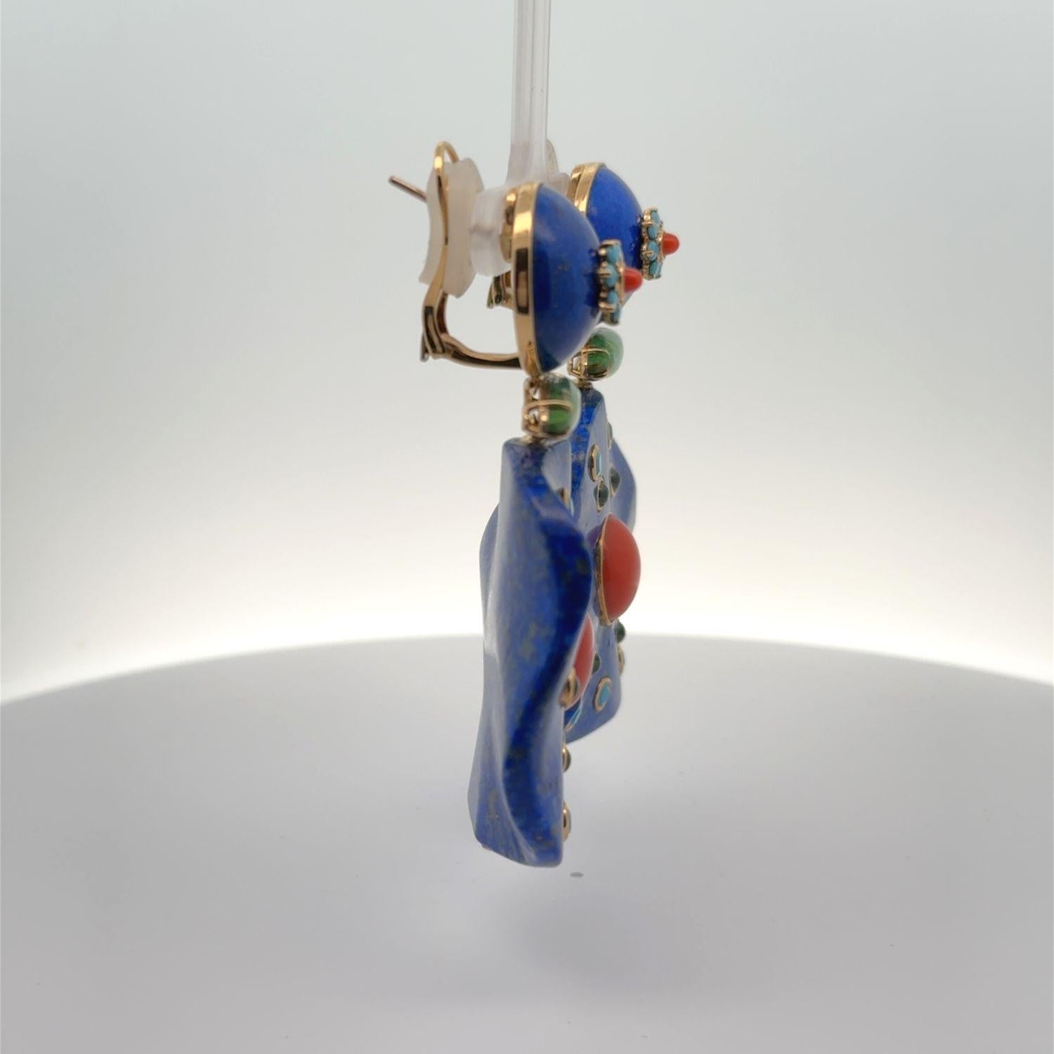 Women's or Men's 18KYG Lapis Coral and Gemstones Dangle Earrings For Sale