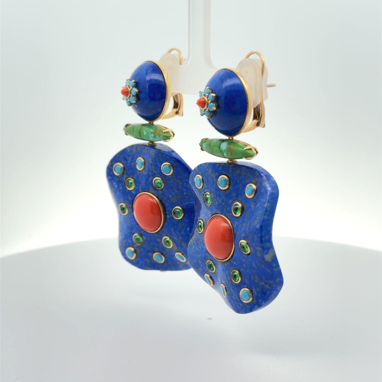 18KYG Lapis Coral and Gemstones Dangle Earrings For Sale 2