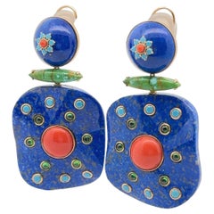 18KYG Lapis Coral and Gemstones Dangle Earrings