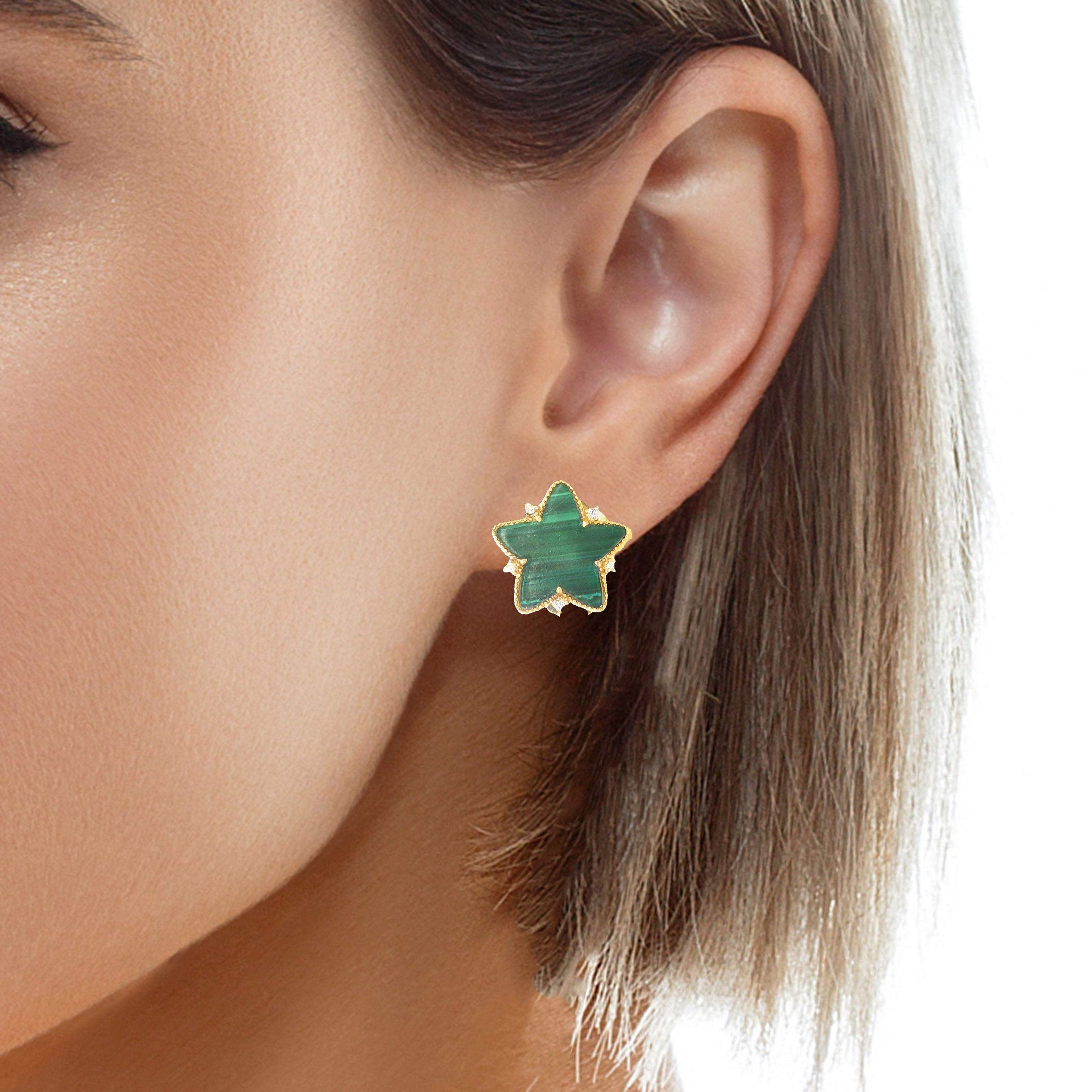 The 18K yellow gold Malachite and diamond star earrings are a delightful choice for everyday wear. The vibrant green color of the Malachite adds a playful touch to any outfit. These earrings are not only stylish but also versatile, adding a fun and