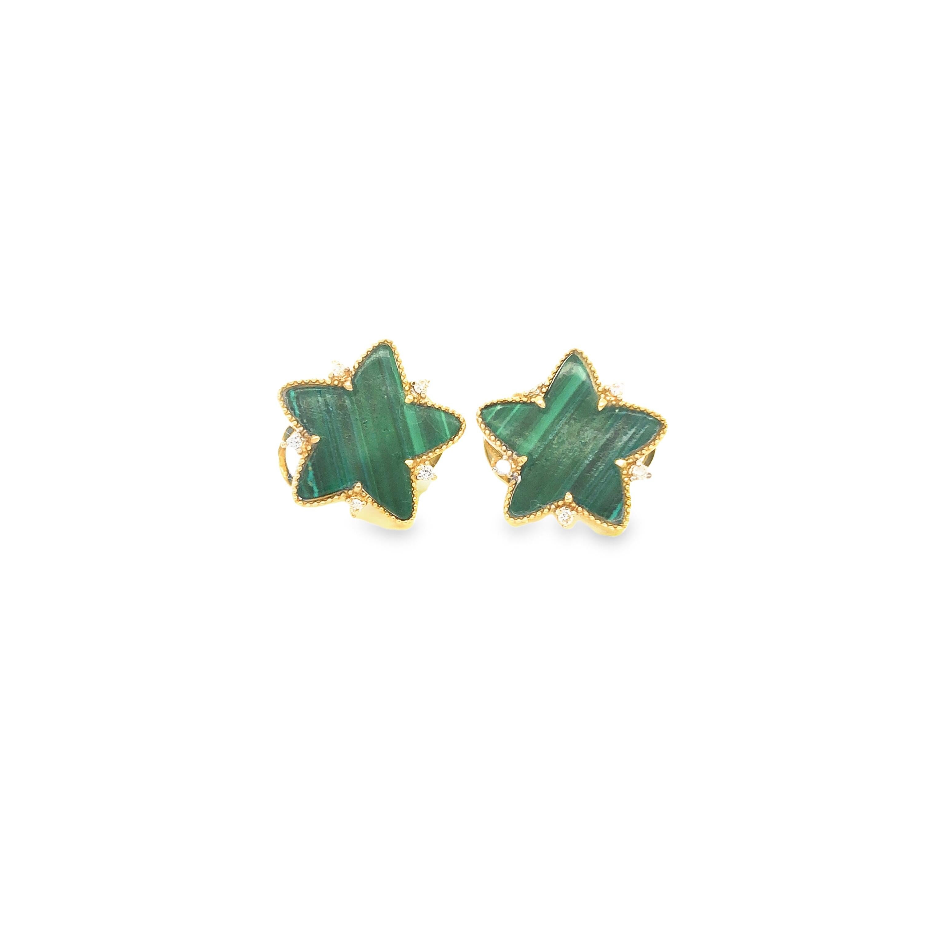18KYG Malachite Star with Diamond Earrings For Sale 1