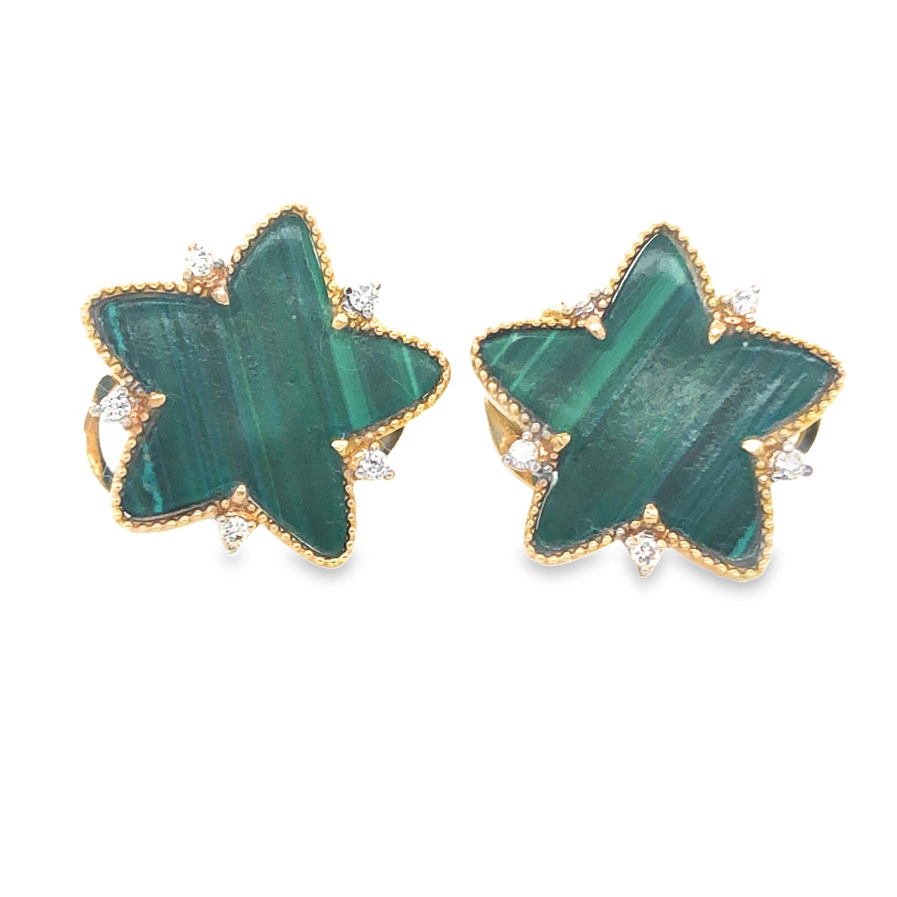 18KYG Malachite Star with Diamond Earrings For Sale 2