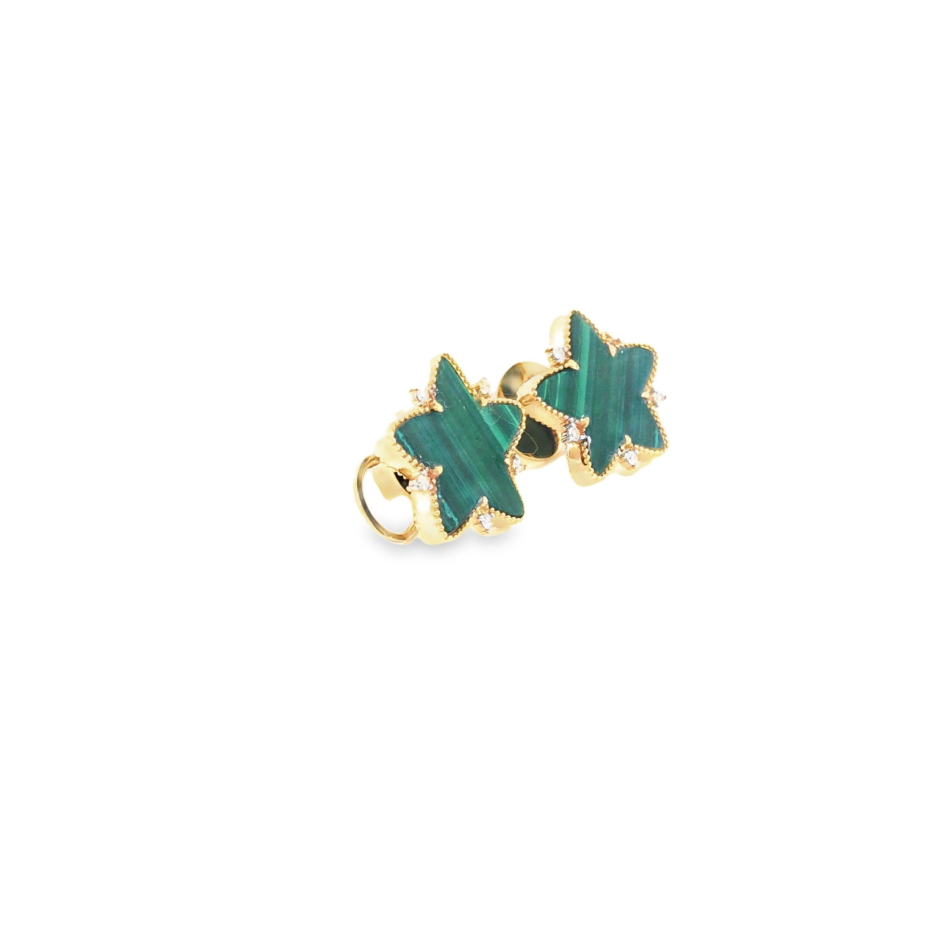 18KYG Malachite Star with Diamond Earrings For Sale 3