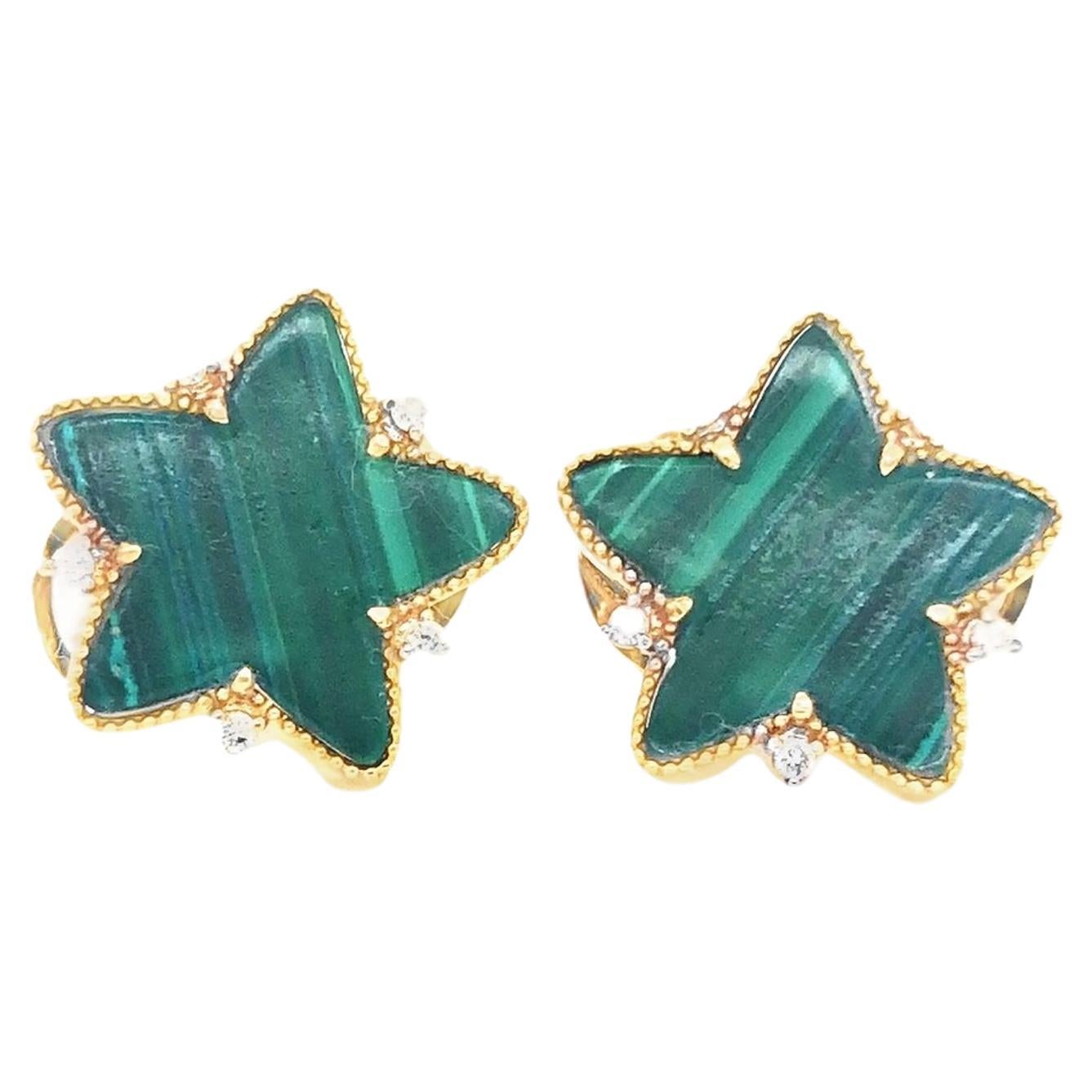 18KYG Malachite Star with Diamond Earrings For Sale