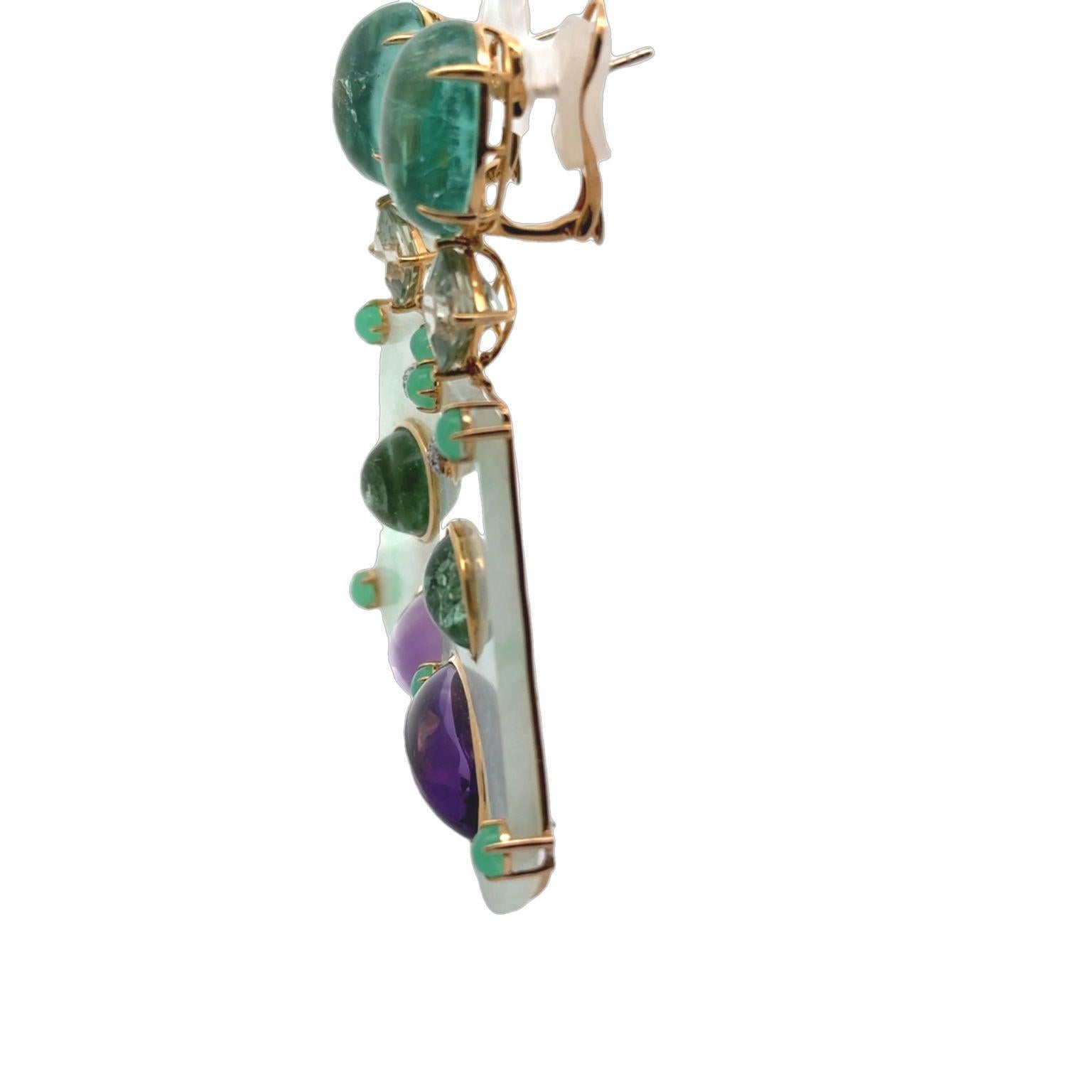 18KYG Ohrring aus mehrfarbiger Jade, Amethyst, Chrysophrase, Flourit und Diamant im Angebot 5