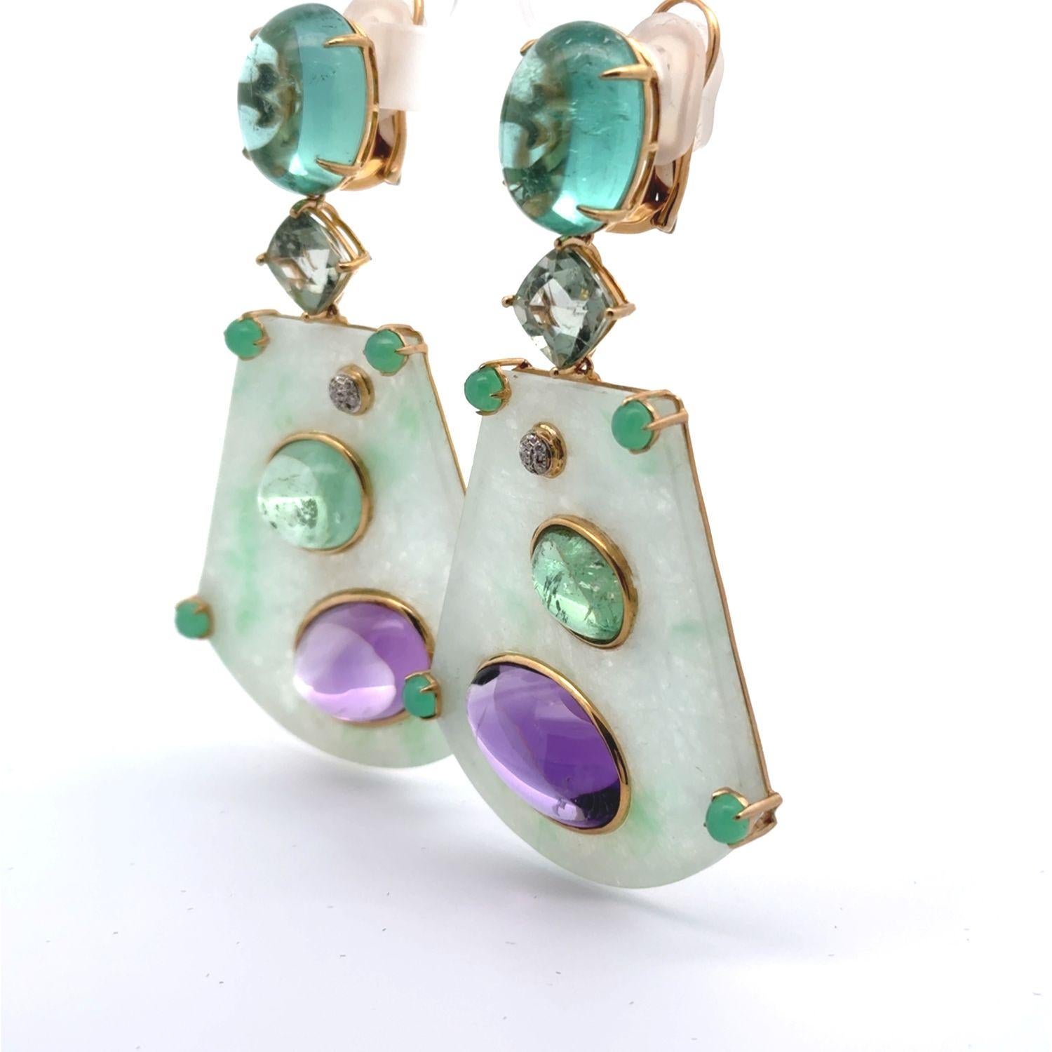 18KYG Ohrring aus mehrfarbiger Jade, Amethyst, Chrysophrase, Flourit und Diamant im Angebot 6
