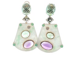 18KYG Multi Color Jade Amethyst Chrysophrase Fluorite and Diamond Earring