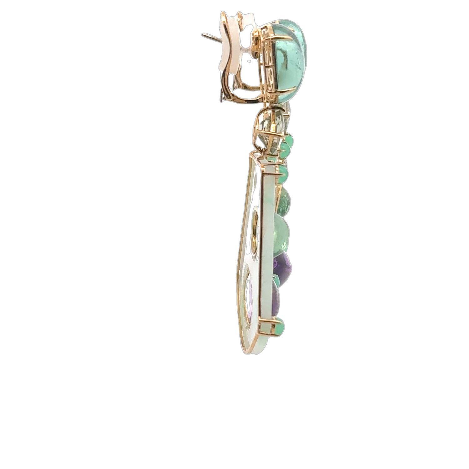 18KYG Ohrring aus mehrfarbiger Jade, Amethyst, Chrysophrase, Flourit und Diamant (Cabochon) im Angebot
