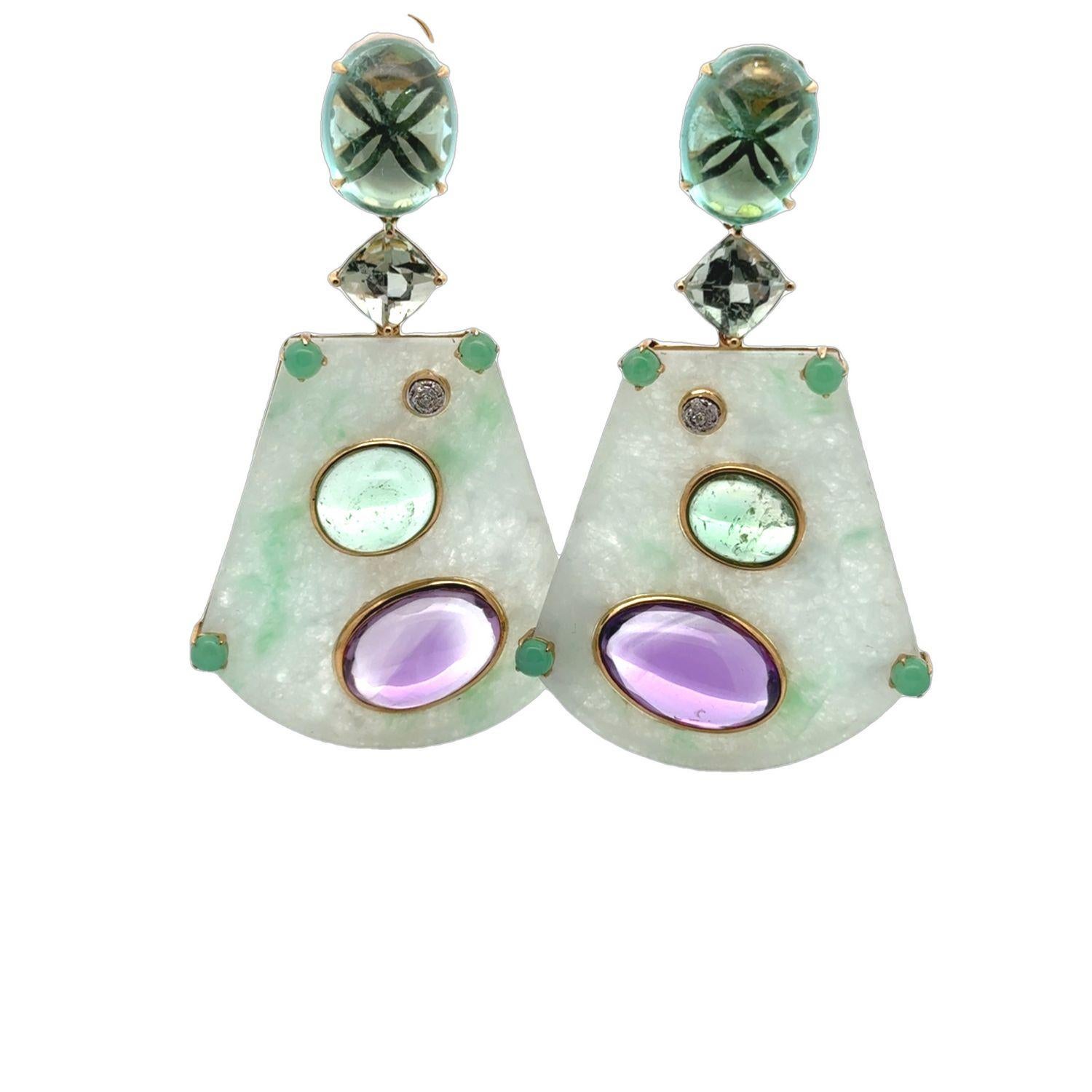18KYG Ohrring aus mehrfarbiger Jade, Amethyst, Chrysophrase, Flourit und Diamant für Damen oder Herren im Angebot