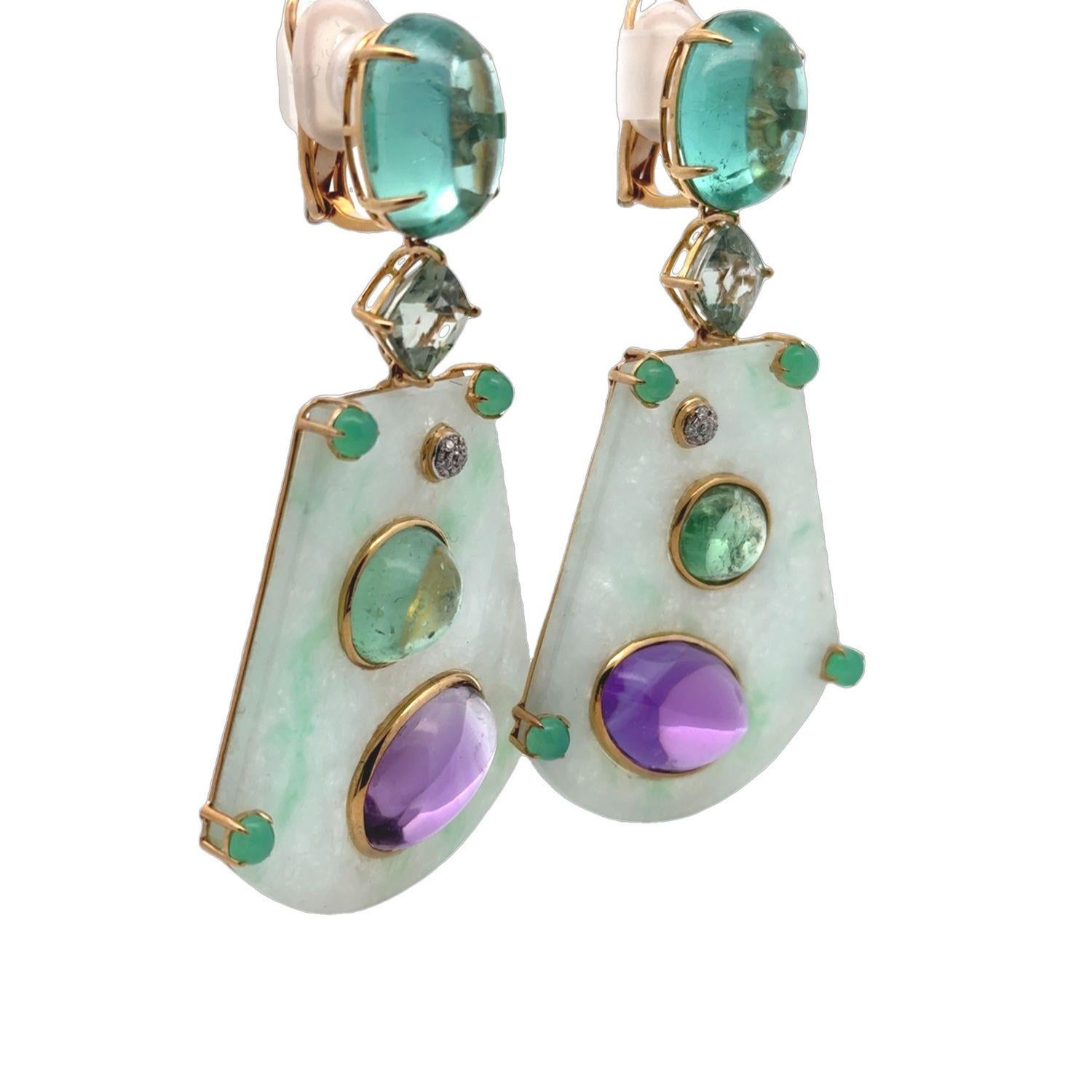 18KYG Ohrring aus mehrfarbiger Jade, Amethyst, Chrysophrase, Flourit und Diamant im Angebot 1