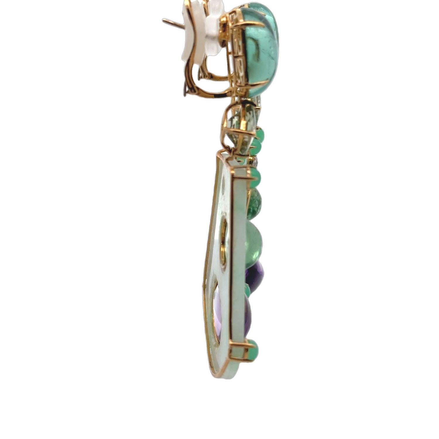 18KYG Ohrring aus mehrfarbiger Jade, Amethyst, Chrysophrase, Flourit und Diamant im Angebot 2