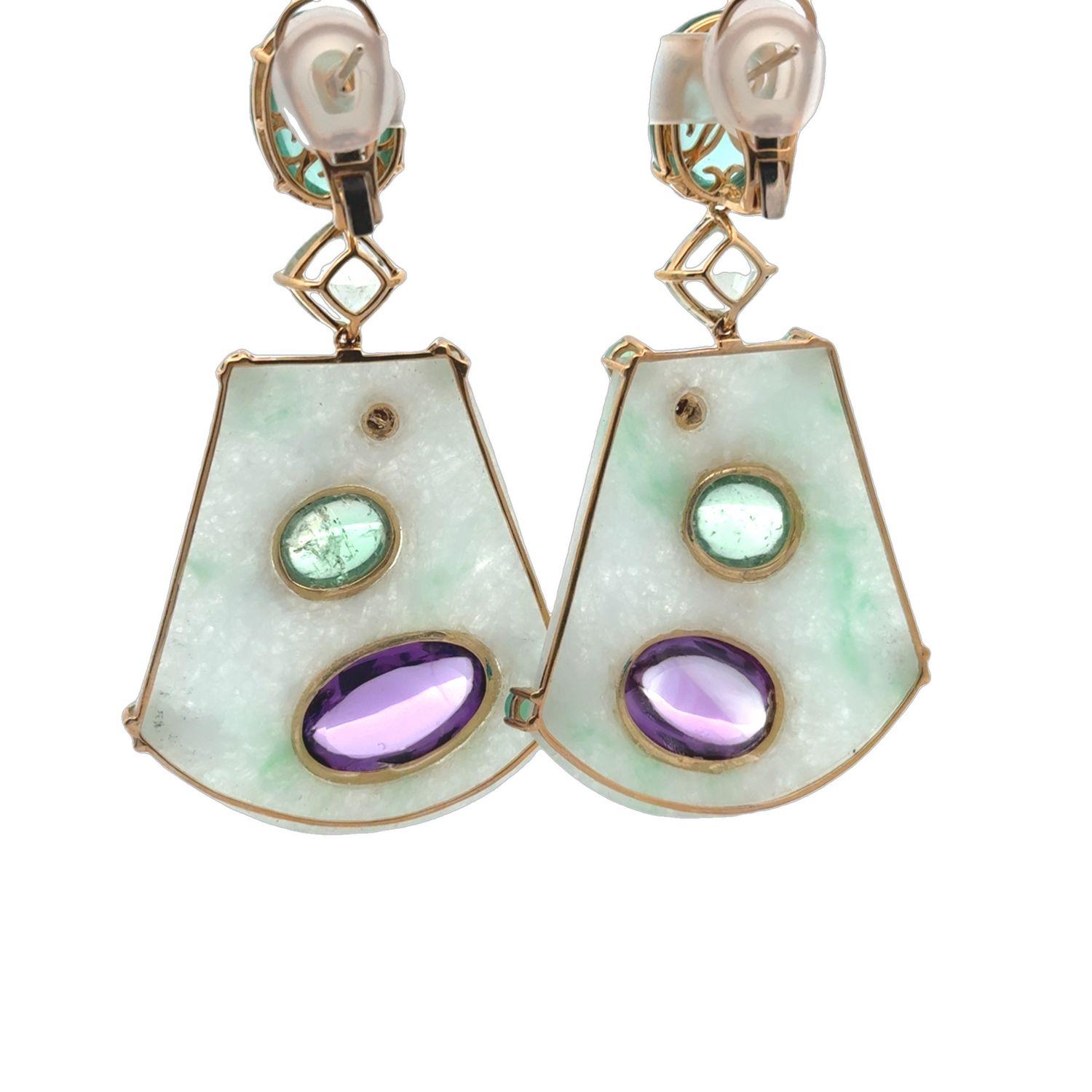 18KYG Ohrring aus mehrfarbiger Jade, Amethyst, Chrysophrase, Flourit und Diamant im Angebot 3