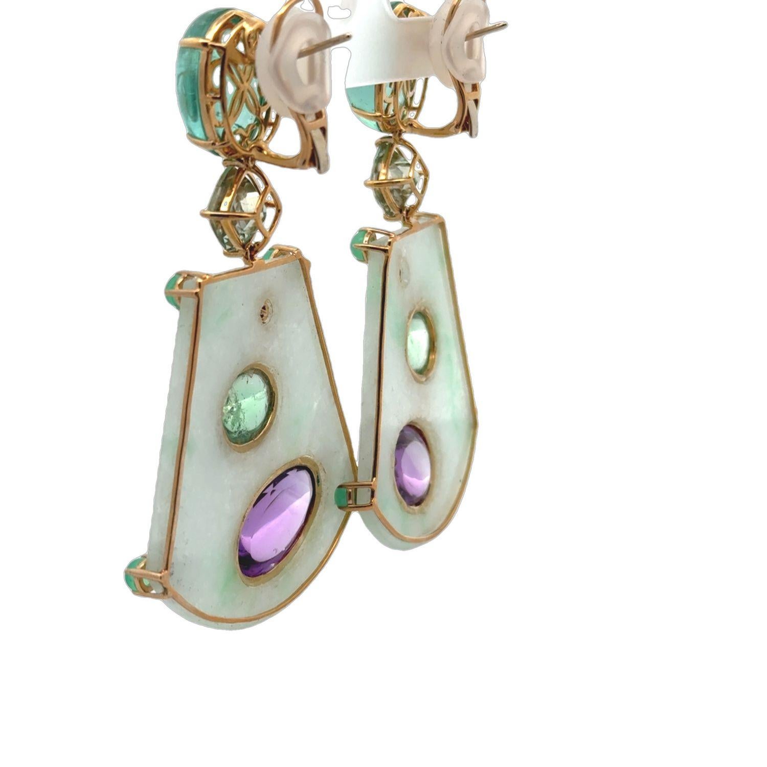 18KYG Ohrring aus mehrfarbiger Jade, Amethyst, Chrysophrase, Flourit und Diamant im Angebot 4