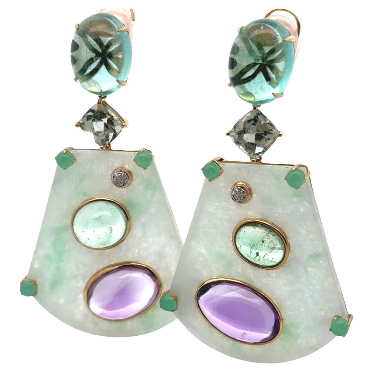 18KYG Multi Color Jade Amethyst Chrysophrase Fluorite and Diamond Earring