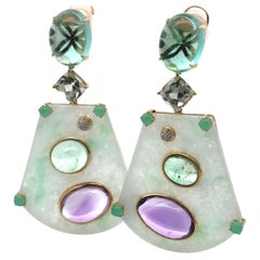 18KYG Multi Color Jade Amethyst Chrysophrase Fluorite and Diamond Earring