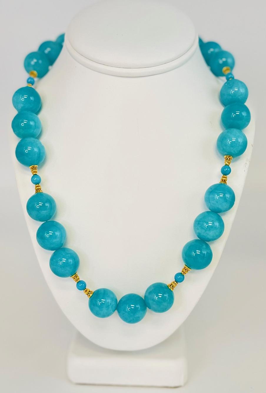 Artisan Amazonite and Turquoise Beaded Necklace with Yellow Gold Accents For Sale