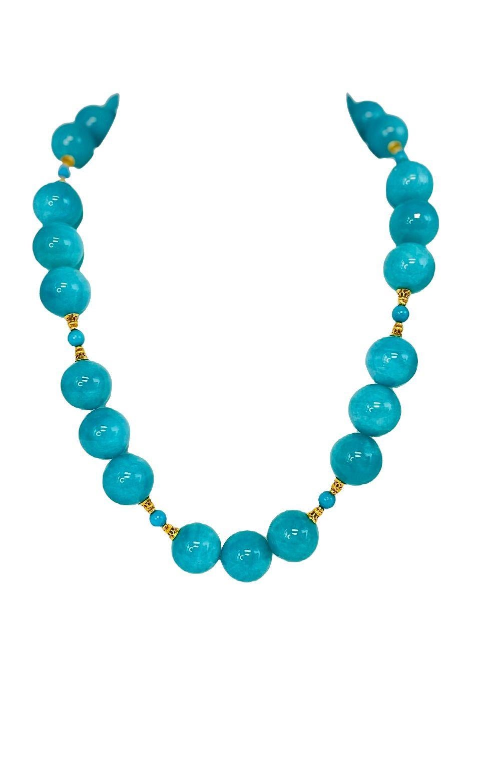 Amazonite and Turquoise Beaded Necklace with Yellow Gold Accents In New Condition For Sale In Los Angeles, CA