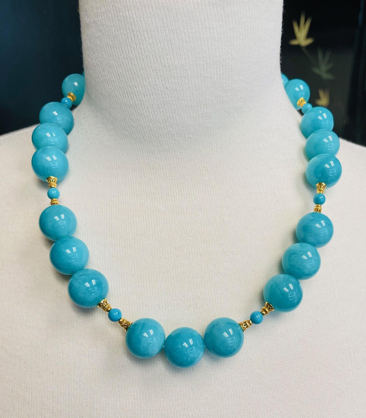 Amazonite and Turquoise Beaded Necklace with Yellow Gold Accents For Sale 1