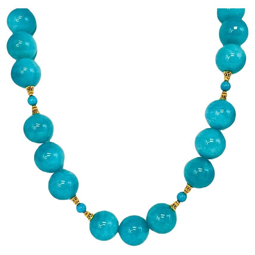 Amazonite and Turquoise Beaded Necklace with Yellow Gold Accents For Sale