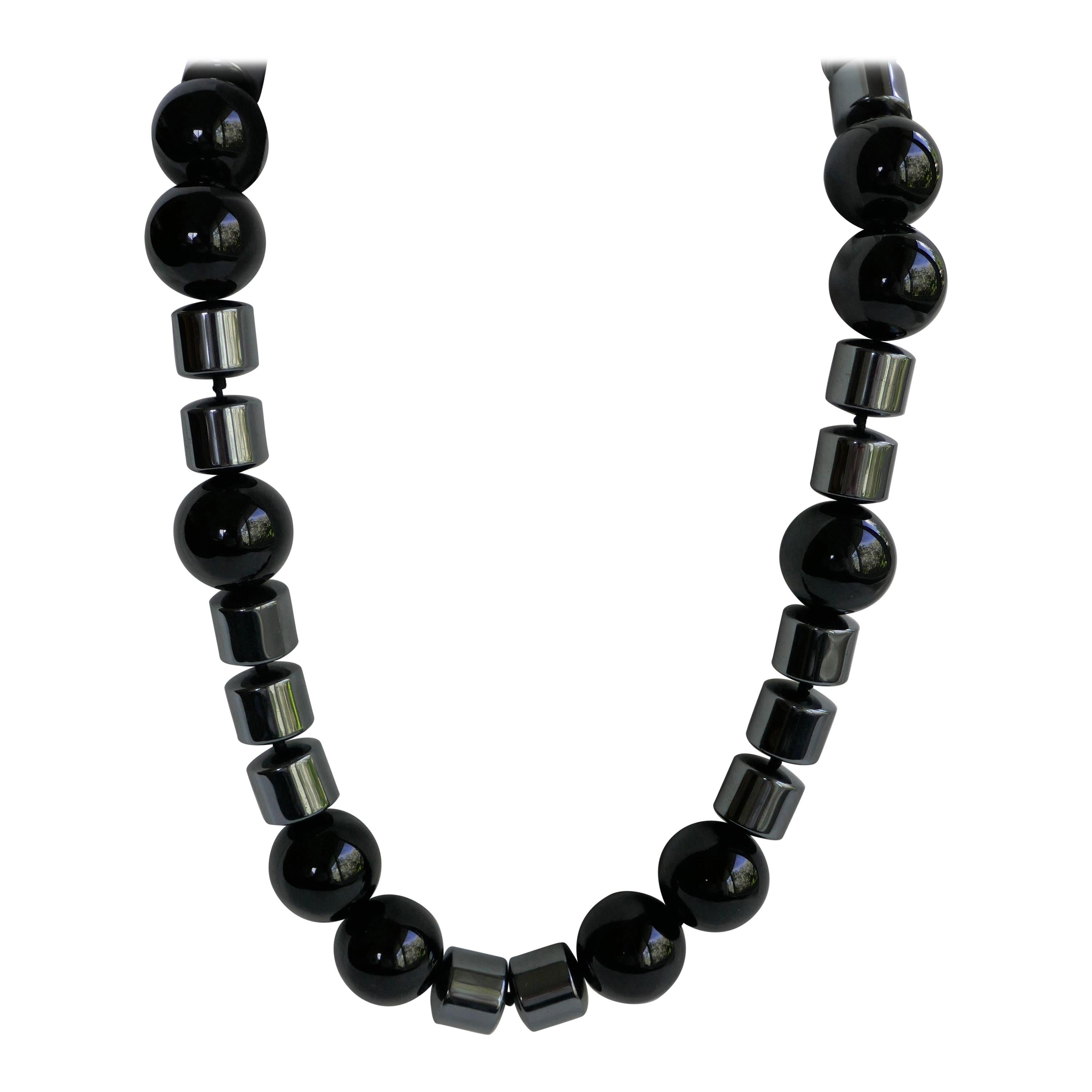 18mm Black Onyx Barrel 12mm Hematite 925 Sterling Silver Gemstone Necklace For Sale