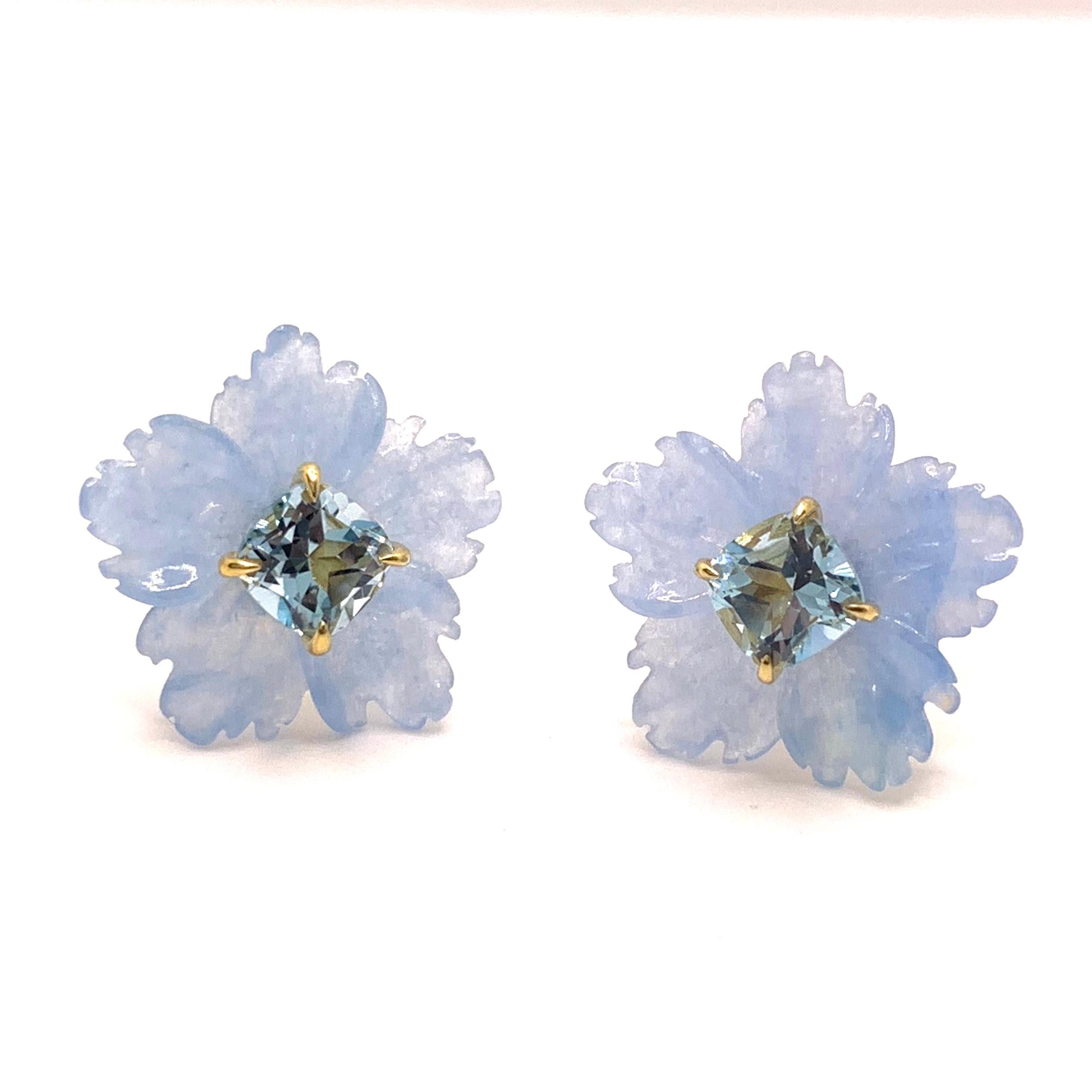Mixed Cut 18mm Carved Blue Quartzite Flower and Cushion Blue Topaz Vermeil Earrings For Sale