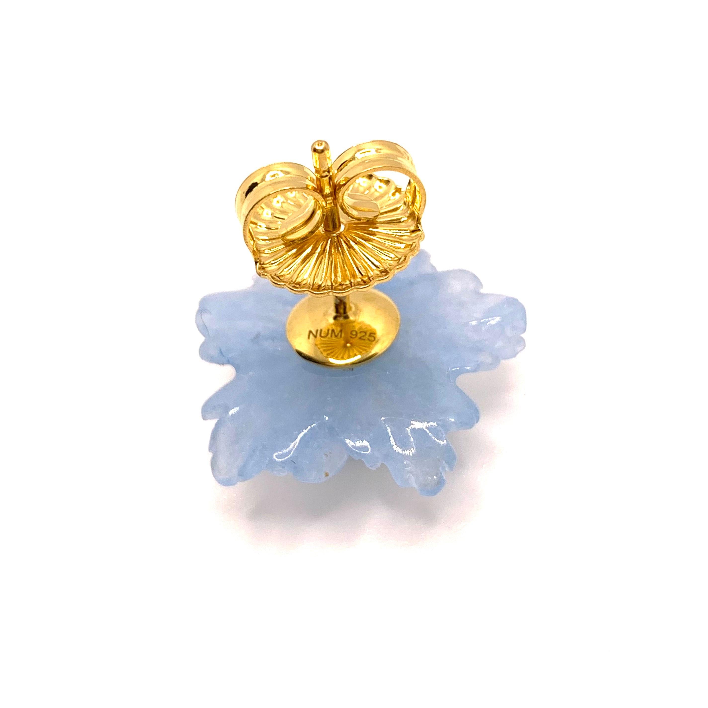 18mm Carved Blue Quartzite Flower and Cushion Blue Topaz Vermeil Earrings For Sale 1