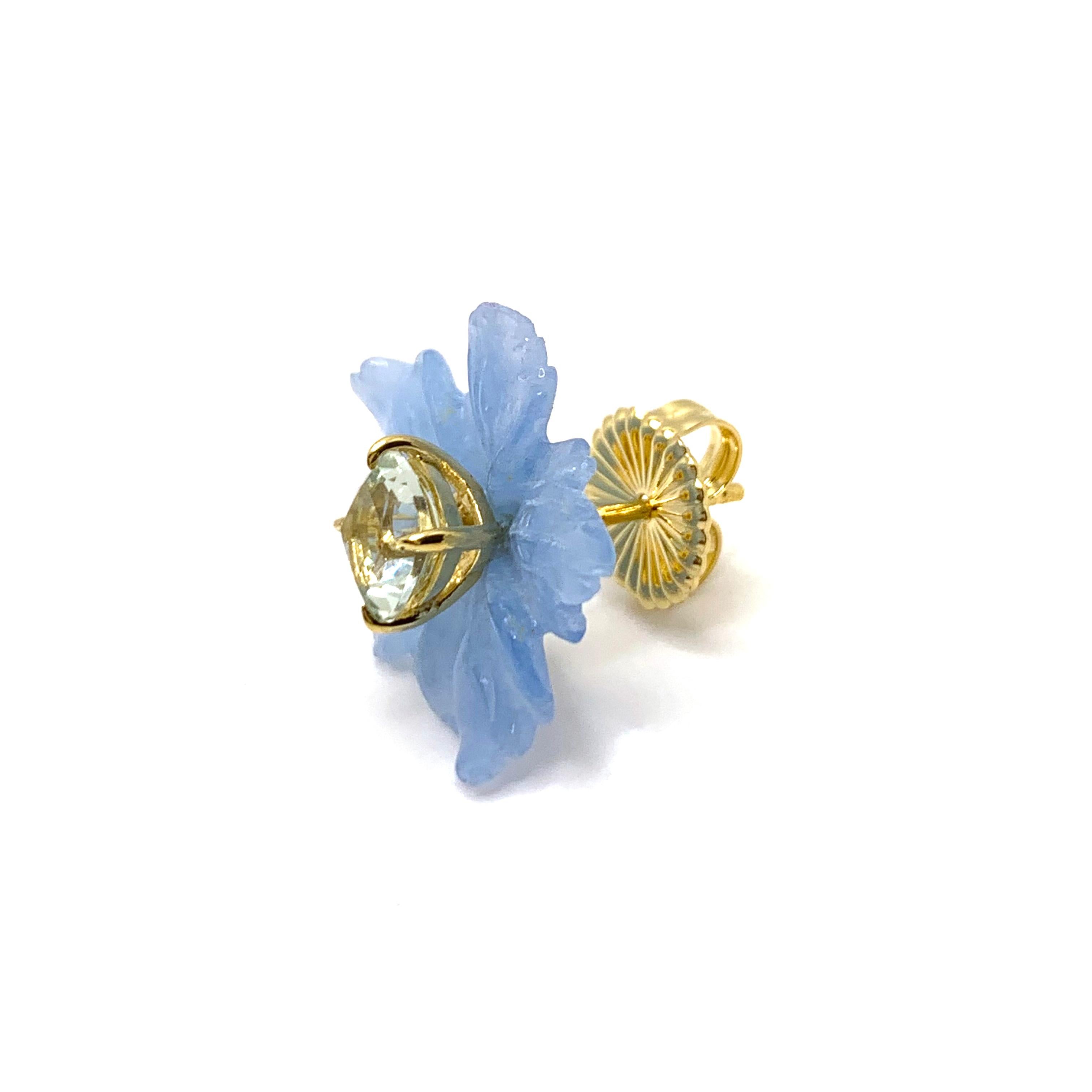 Artisan 18mm Carved Blue Quartzite Flower and Cushion prasiolite Vermeil Earrings