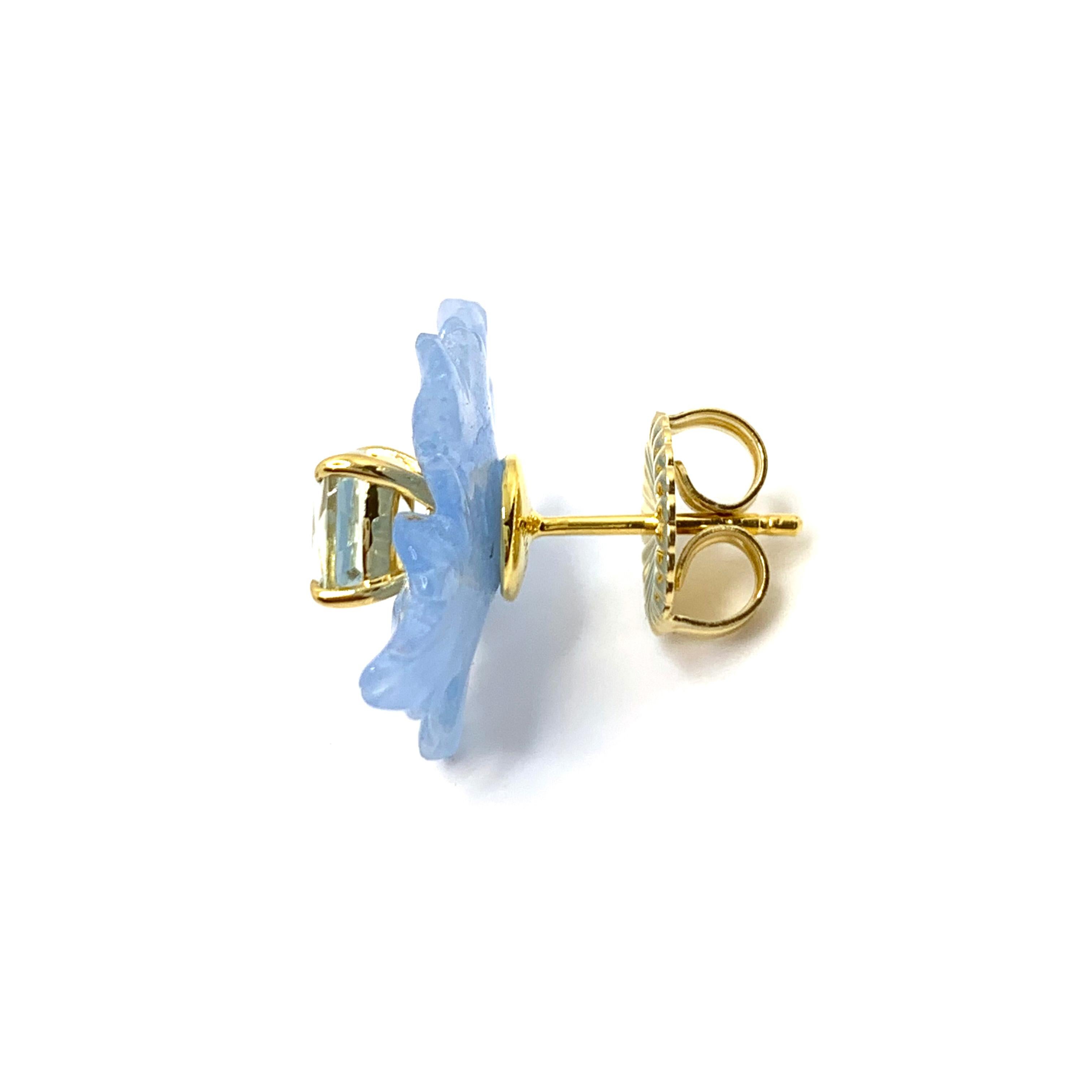 Mixed Cut 18mm Carved Blue Quartzite Flower and Cushion prasiolite Vermeil Earrings