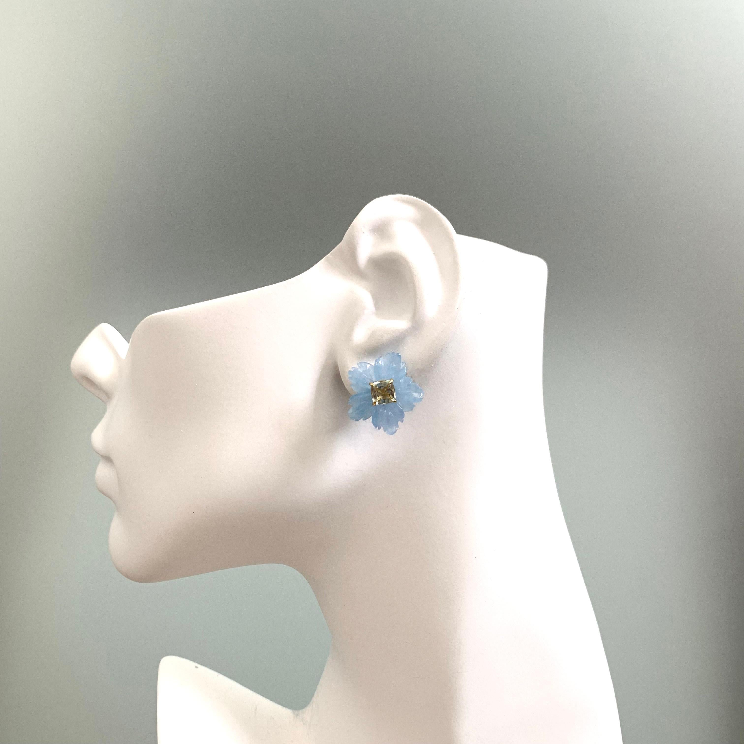 Women's 18mm Carved Blue Quartzite Flower and Cushion prasiolite Vermeil Earrings
