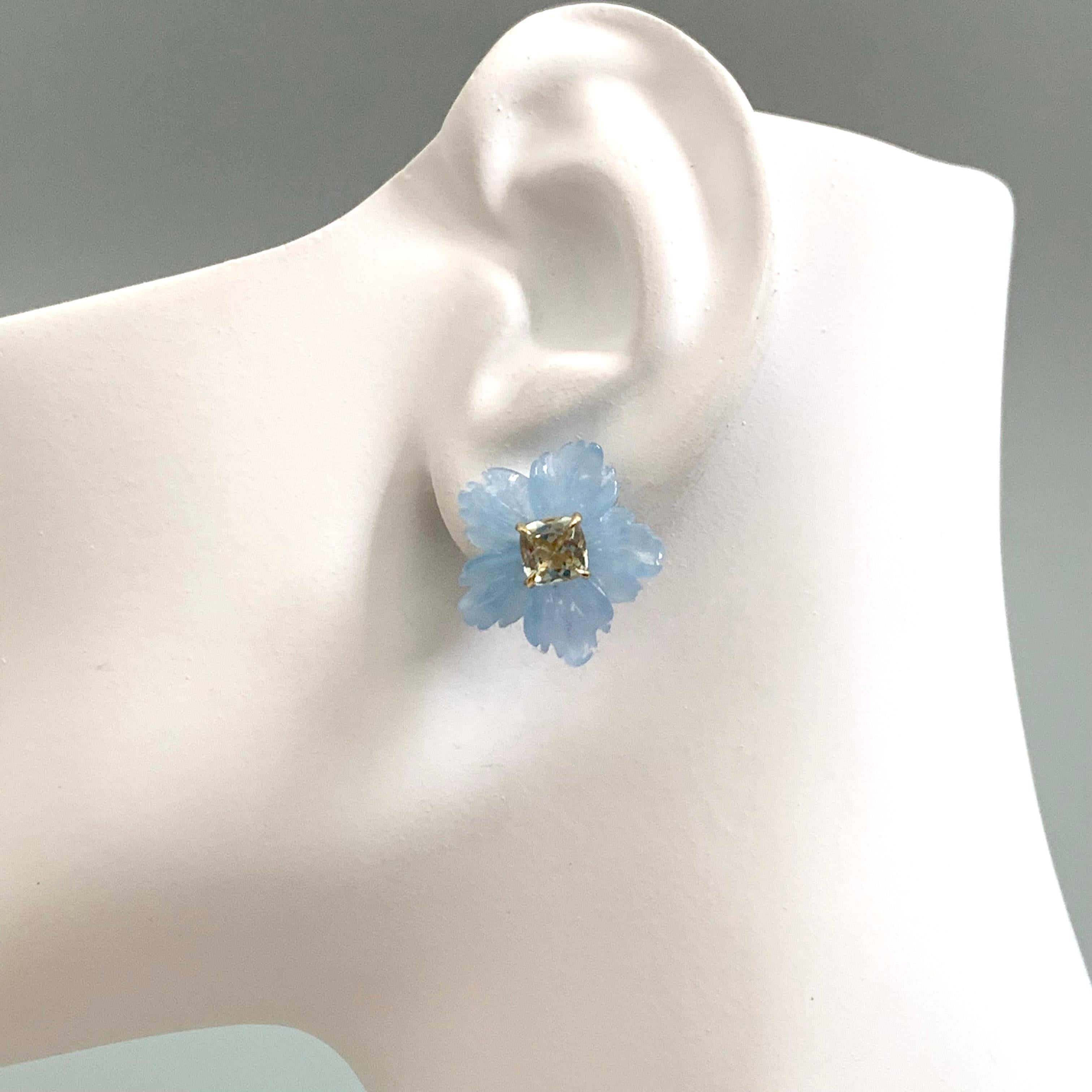 18mm Carved Blue Quartzite Flower and Cushion prasiolite Vermeil Earrings 1