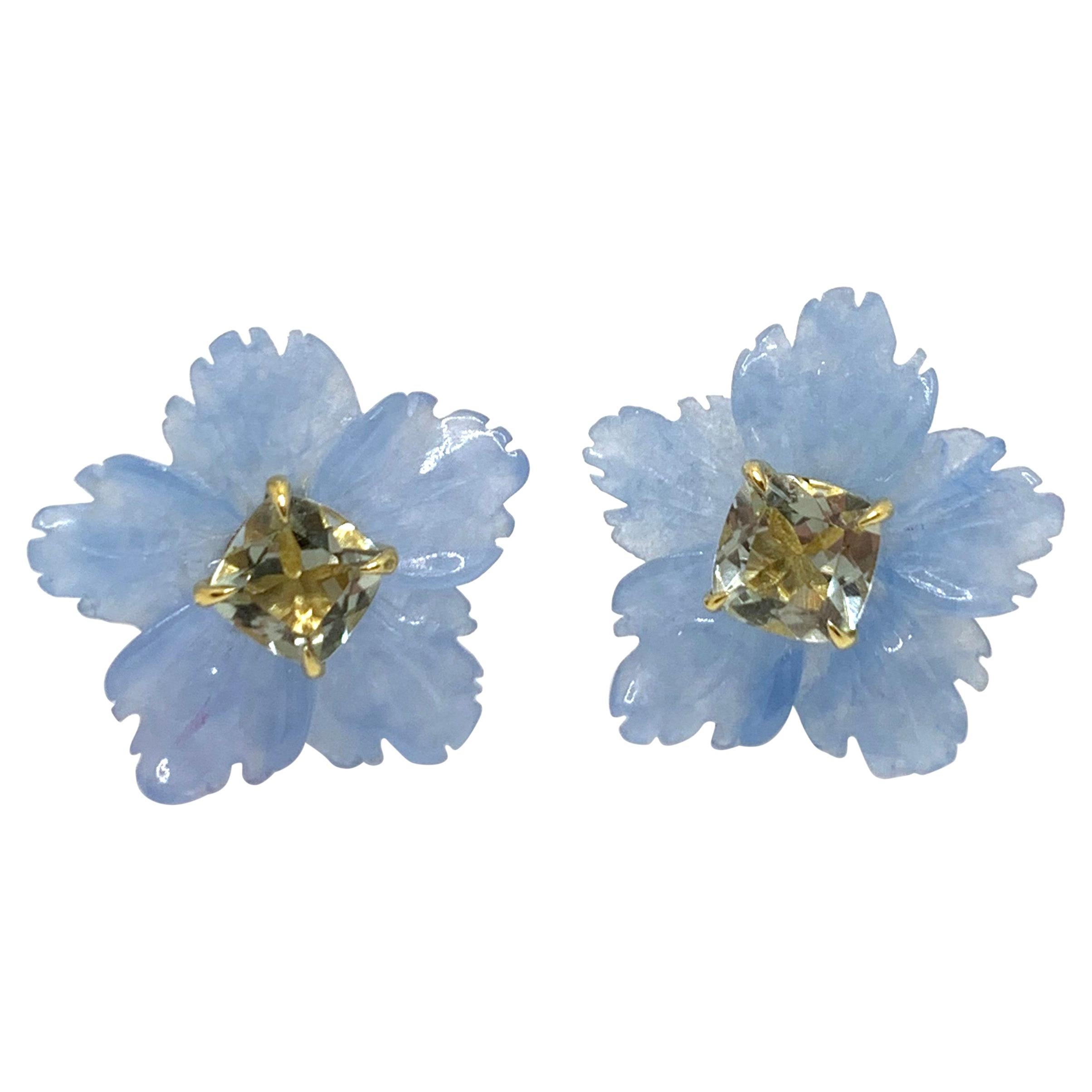 18mm Carved Blue Quartzite Flower and Cushion prasiolite Vermeil Earrings