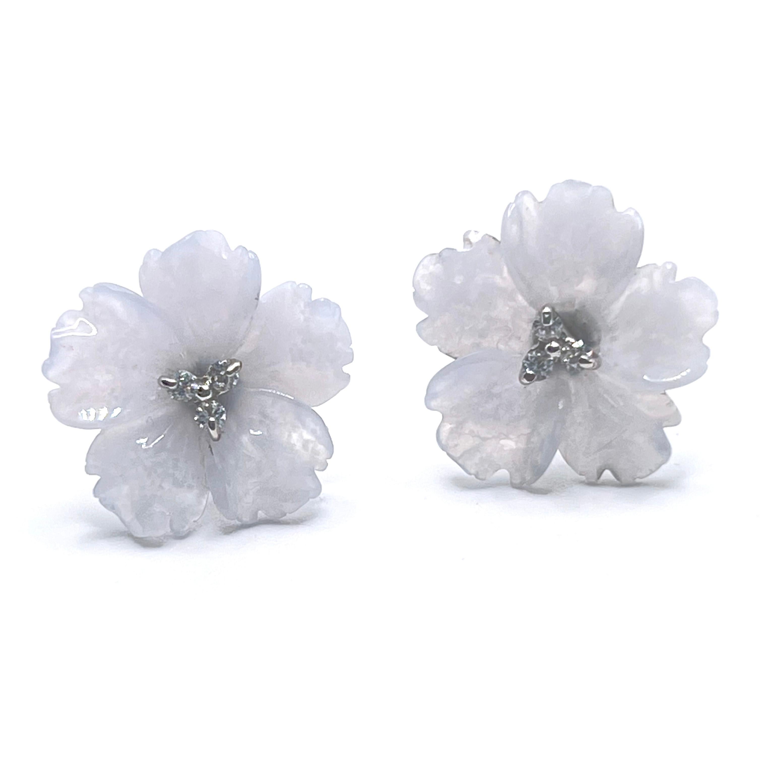18mm Carved Chalcedony Flower Earrings For Sale 3