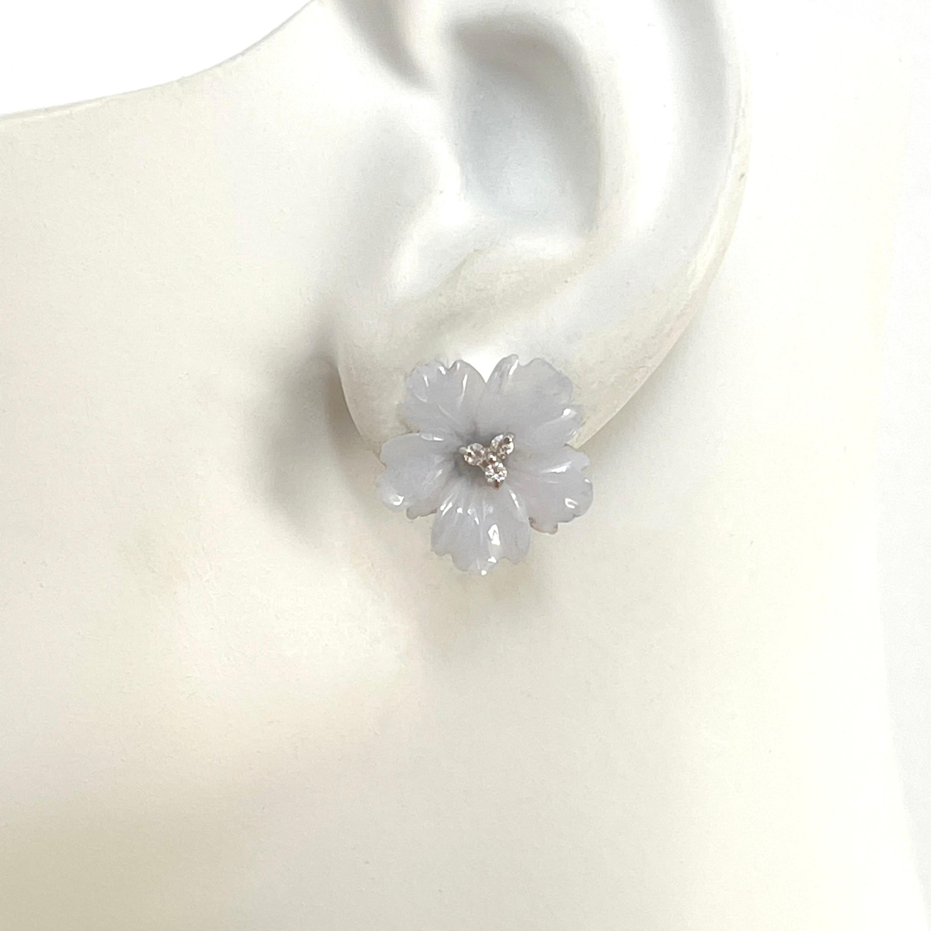18mm Carved Chalcedony Flower Earrings For Sale 6