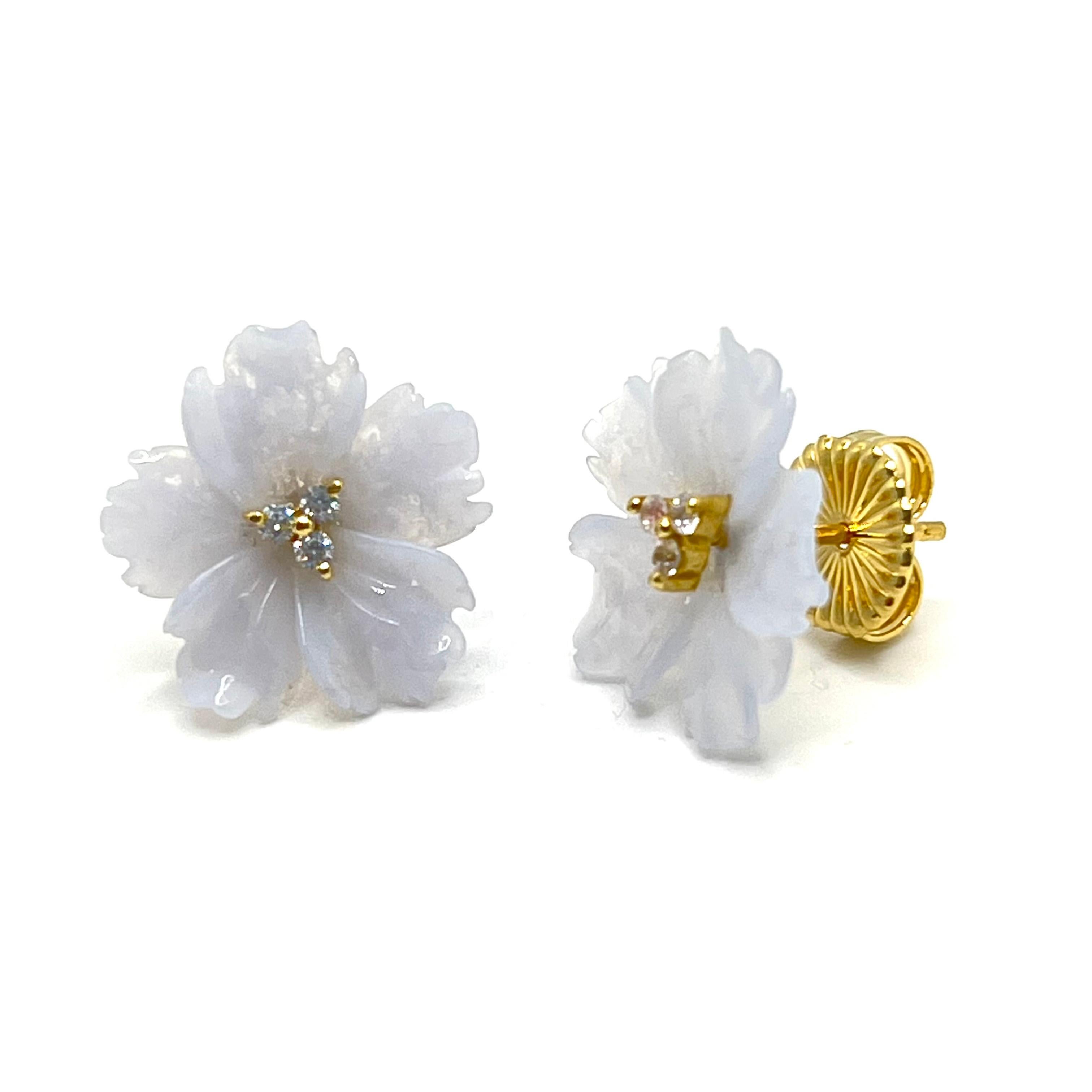 Artisan 18mm Carved Chalcedony Flower Earrings