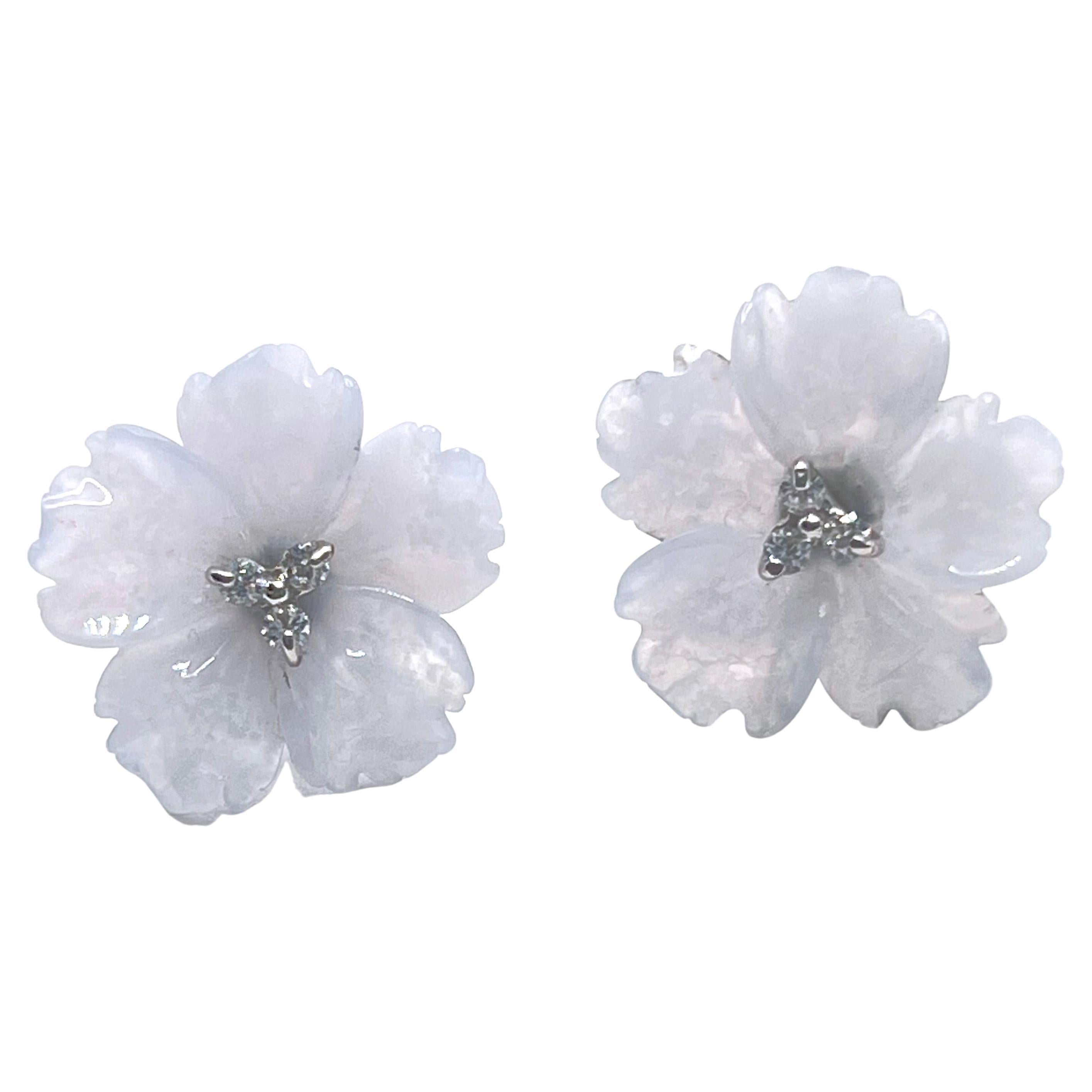 18mm Carved Chalcedony Flower Earrings For Sale