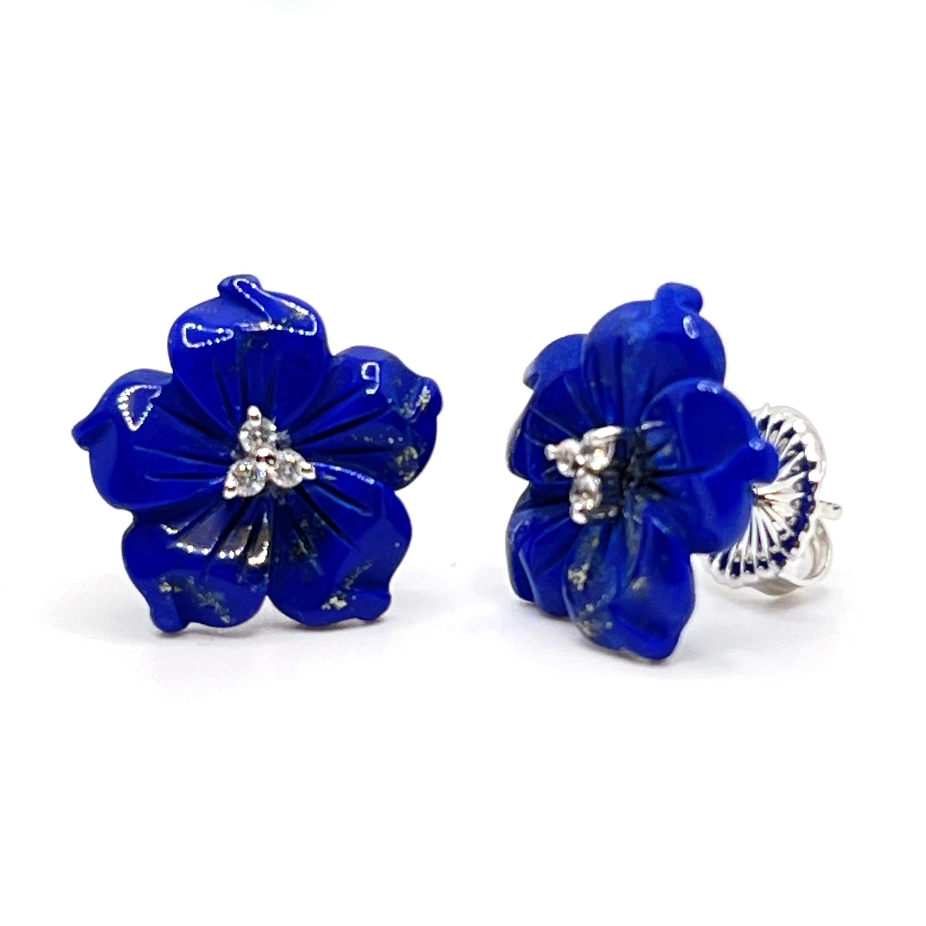 Contemporary 18mm Carved Lapis Lazuli Flower Sterling Silver Earrings For Sale