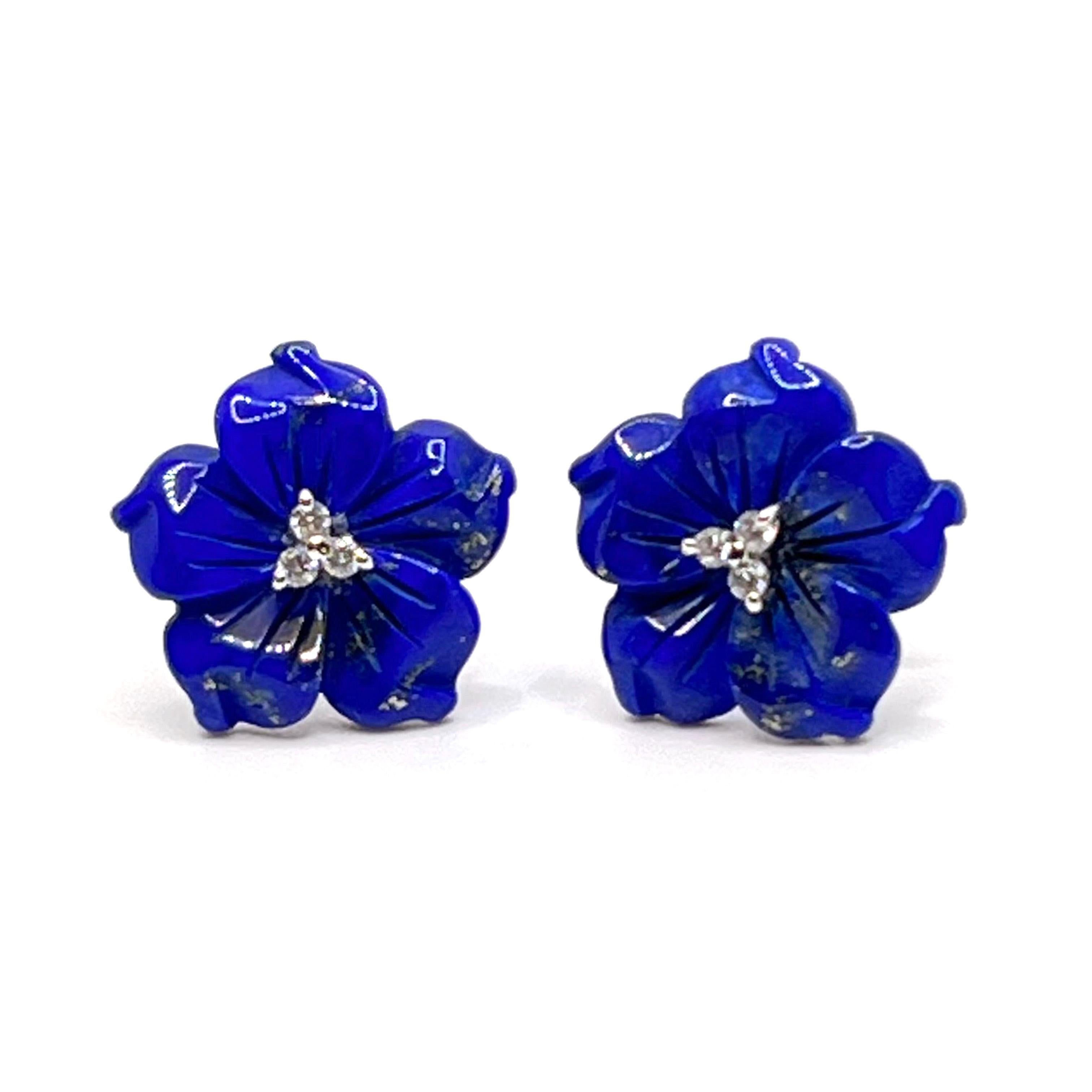 Mixed Cut 18mm Carved Lapis Lazuli Flower Sterling Silver Earrings For Sale