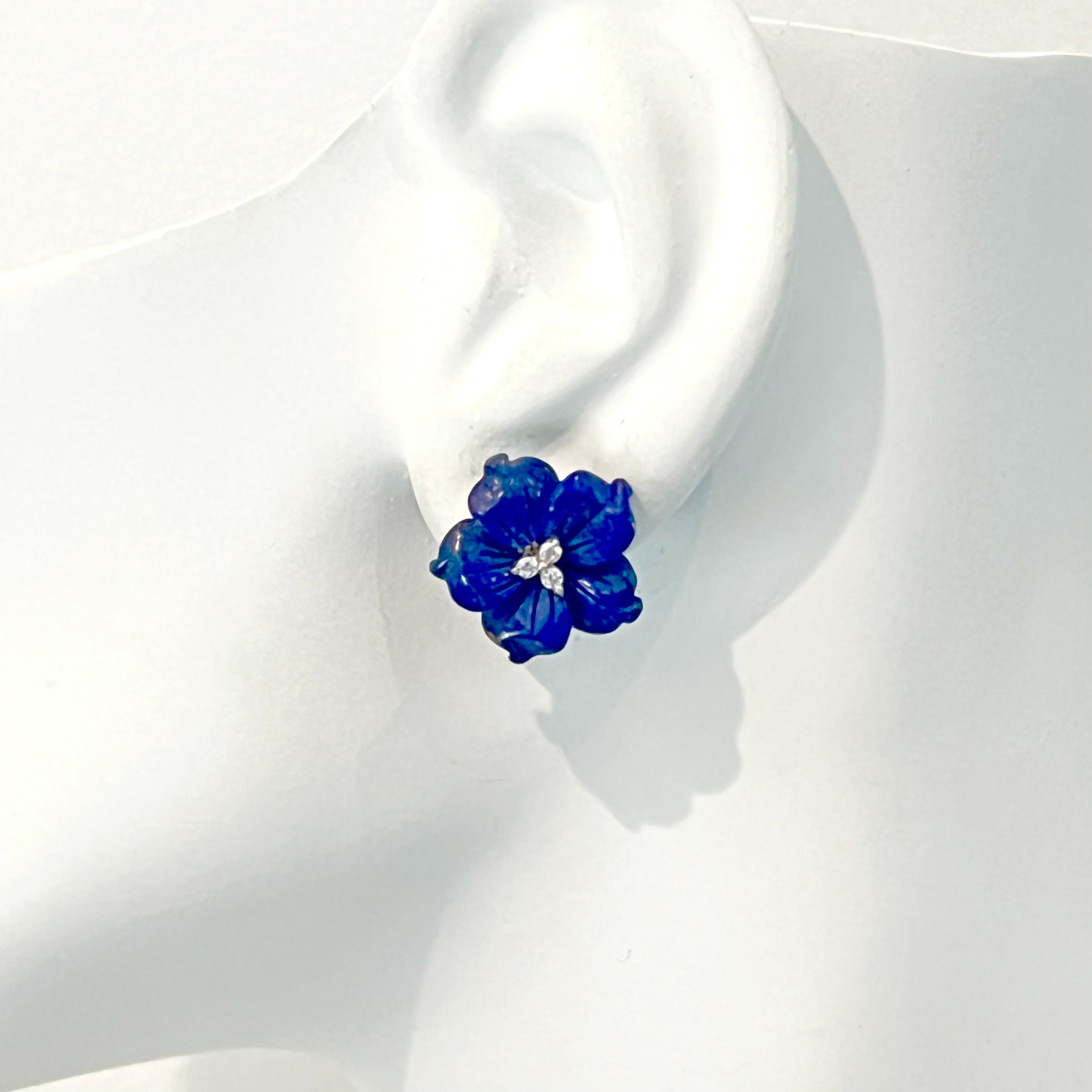 Women's 18mm Carved Lapis Lazuli Flower Sterling Silver Earrings For Sale