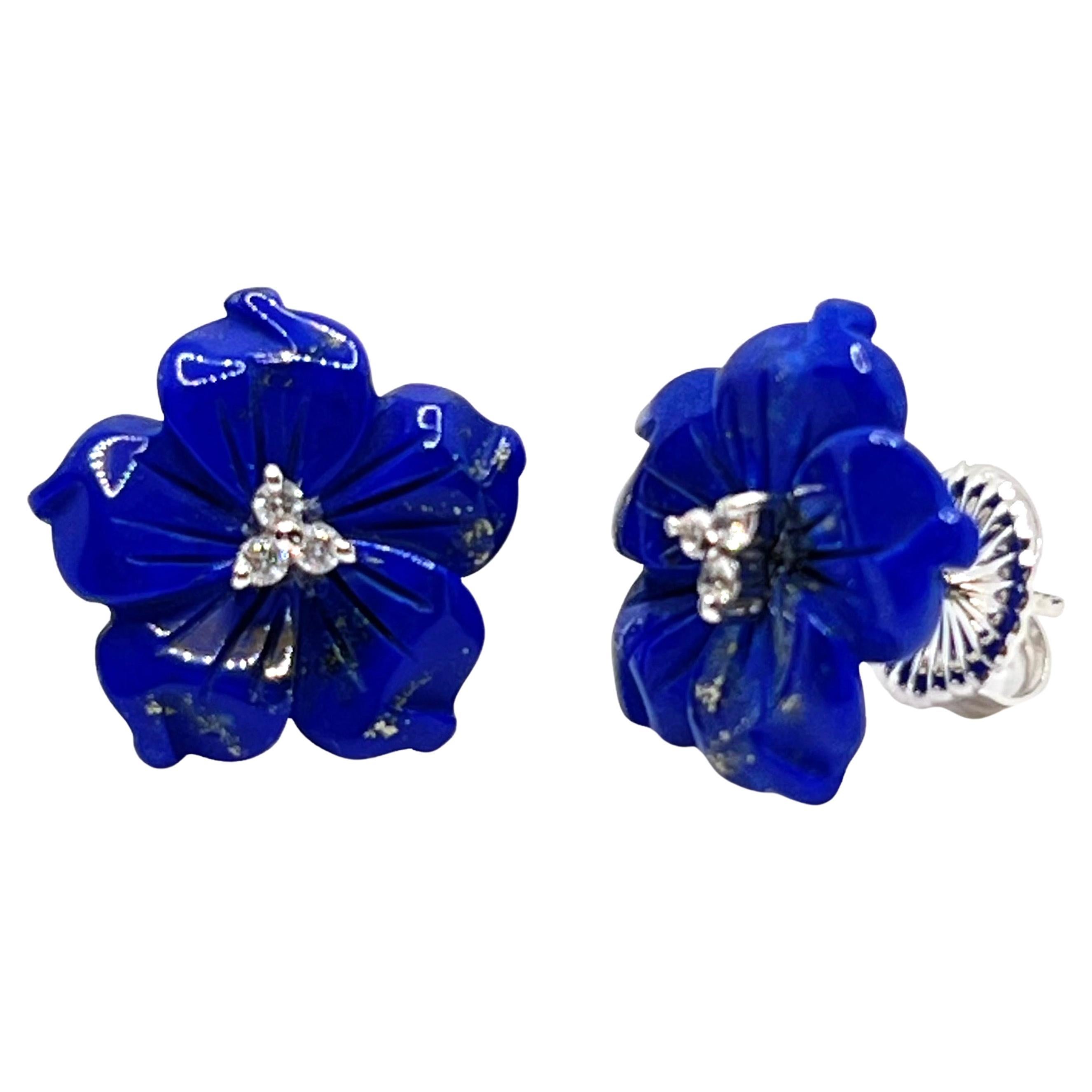 18mm Carved Lapis Lazuli Flower Sterling Silver Earrings