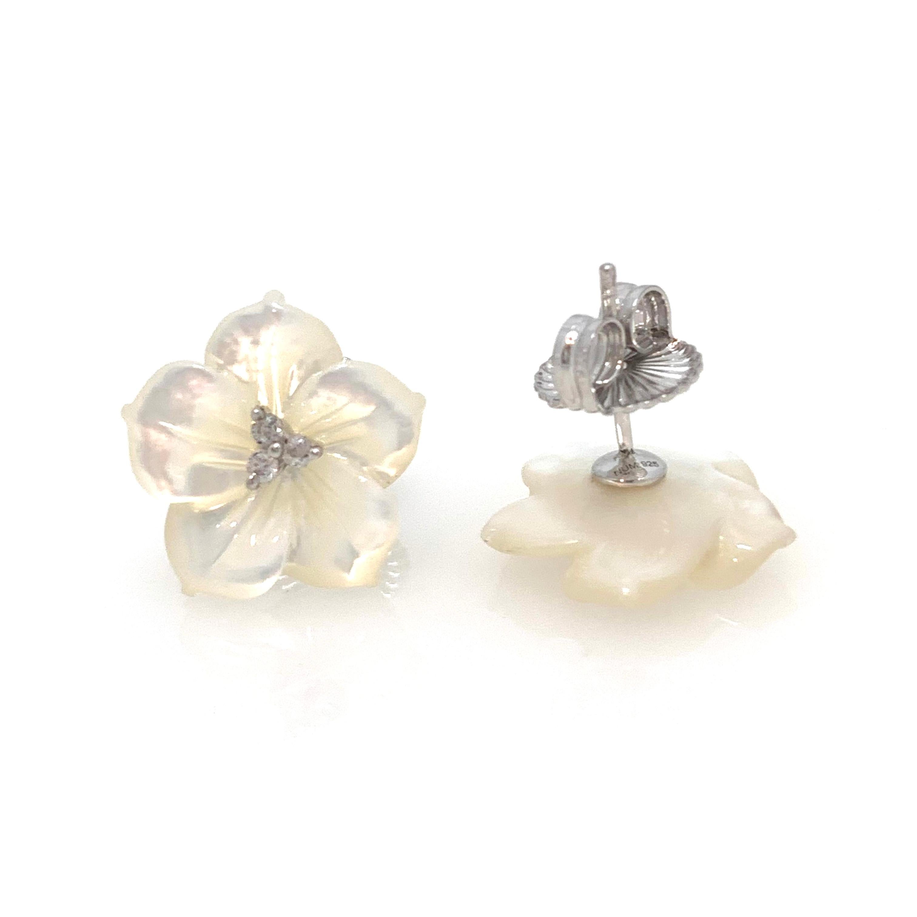 Contemporary 18mm Carved Mother of Pearl Flower Sterling Silver Earrings For Sale