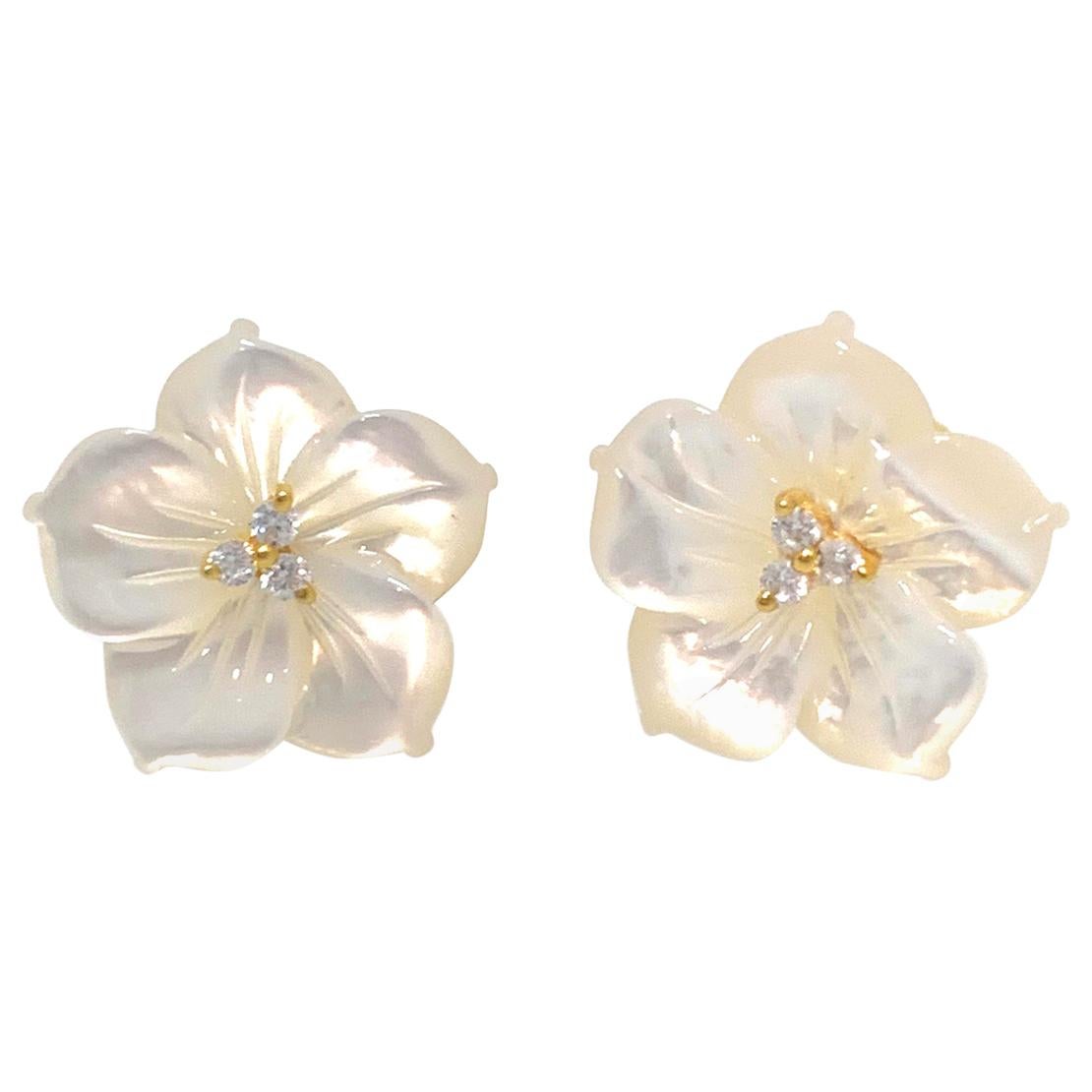 18mm Carved Mother of Pearl Flower Vermeil Earrings For Sale