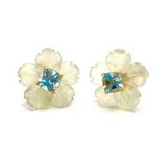 18mm Carved Serpentine Flower and Cushion Blue Topaz Vermeil Earrings