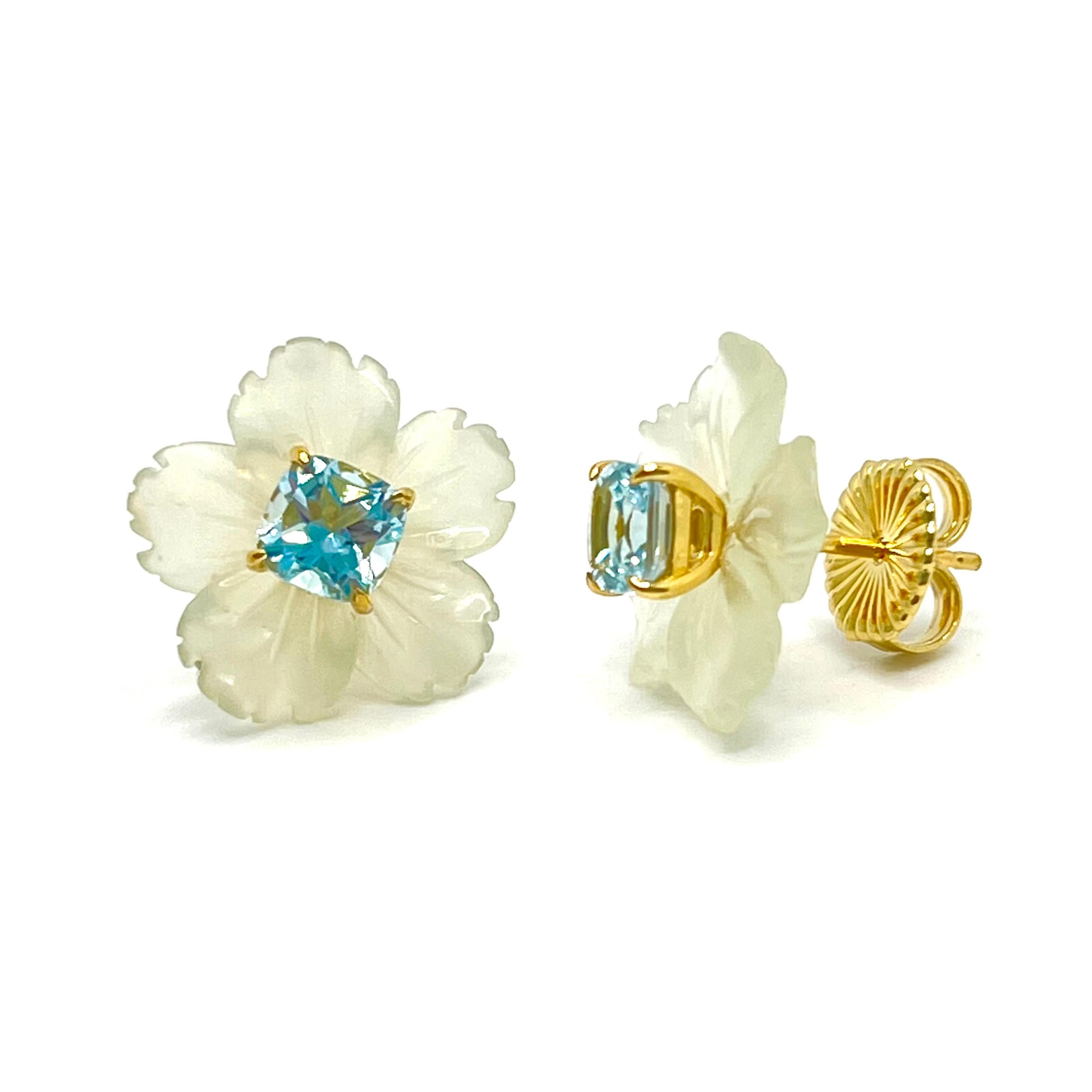 Artisan 18mm Carved Serpentine Flower and Cushion Blue Topaz Vermeil Earrings For Sale