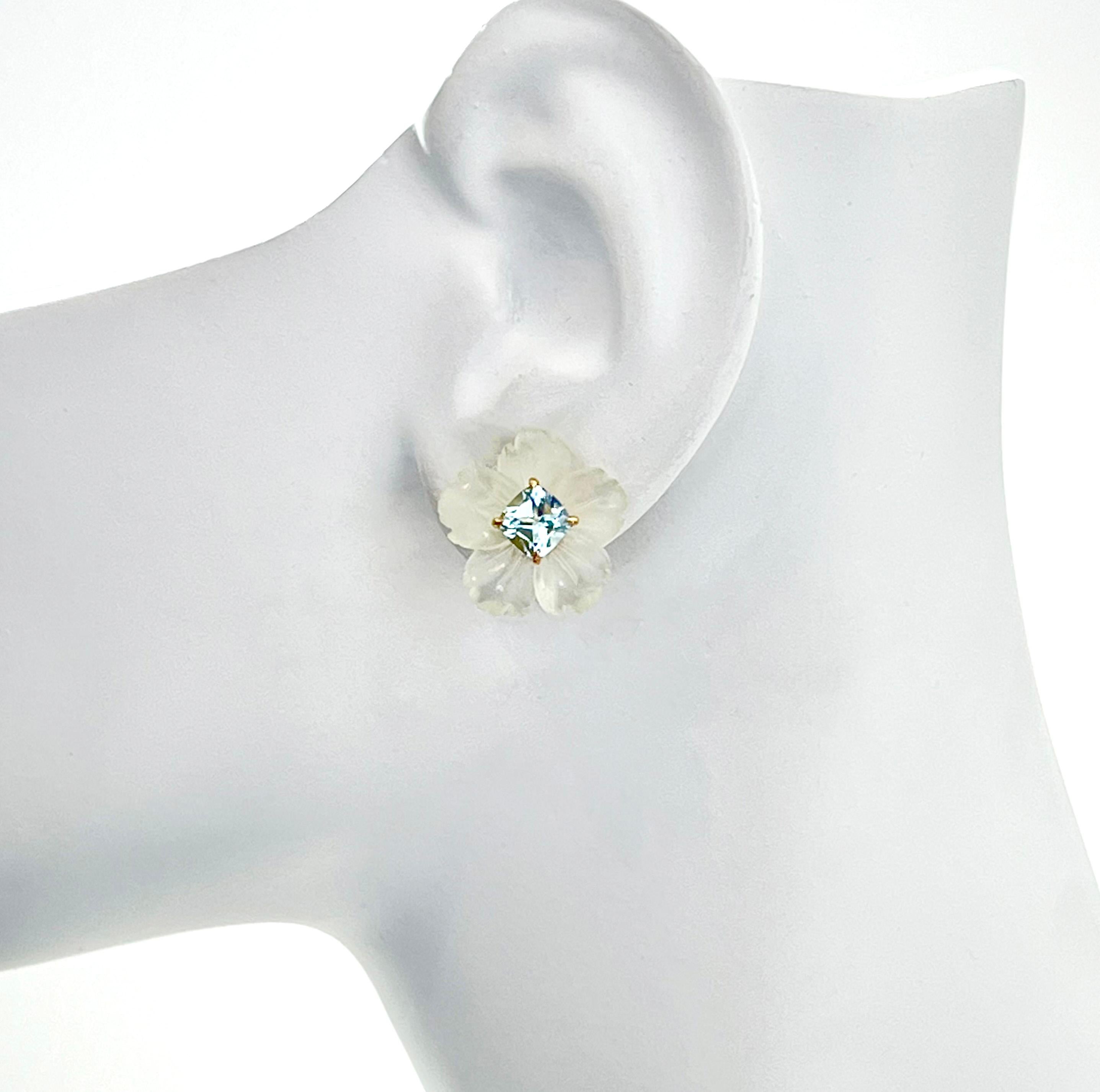 18mm Carved Serpentine Flower and Cushion Blue Topaz Vermeil Earrings In New Condition For Sale In Los Angeles, CA